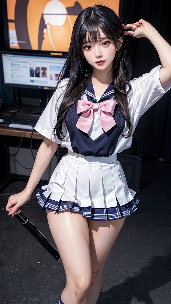 high quality　Masterpiece　8K Masterpiece　Ultra-detailed face　Draw face in detail　A woman in sailor school uniform　Full body photo　Kawaii pose　Sexy photos　Focus on face　Kamimei　Close up photography　Most users on screen　Professional lighting　Cute fluttering sailor suit miniskirt　Vibrant photo　red blush　Shyness　perspirant　agitation　Happy expression　Broody expression　Ecstatic gaze Sex appeal　The tidy and clean heroine of a dating simulation game　Wet and shiny raven hair　Gloss　Bruises and cuteness　Buriko　Unreality　nonsense　unbel ievable　School uniform sailor dress　A sexy　A sexy　A sexy　A sexy　A sexy　A sexy　Mini　childish　Heavy fringe　Underwear is visible through the clothing　Pants are visible under the skirt　skirt partially lifts with the force of the wind sexy pose　Many skin tones　I bet