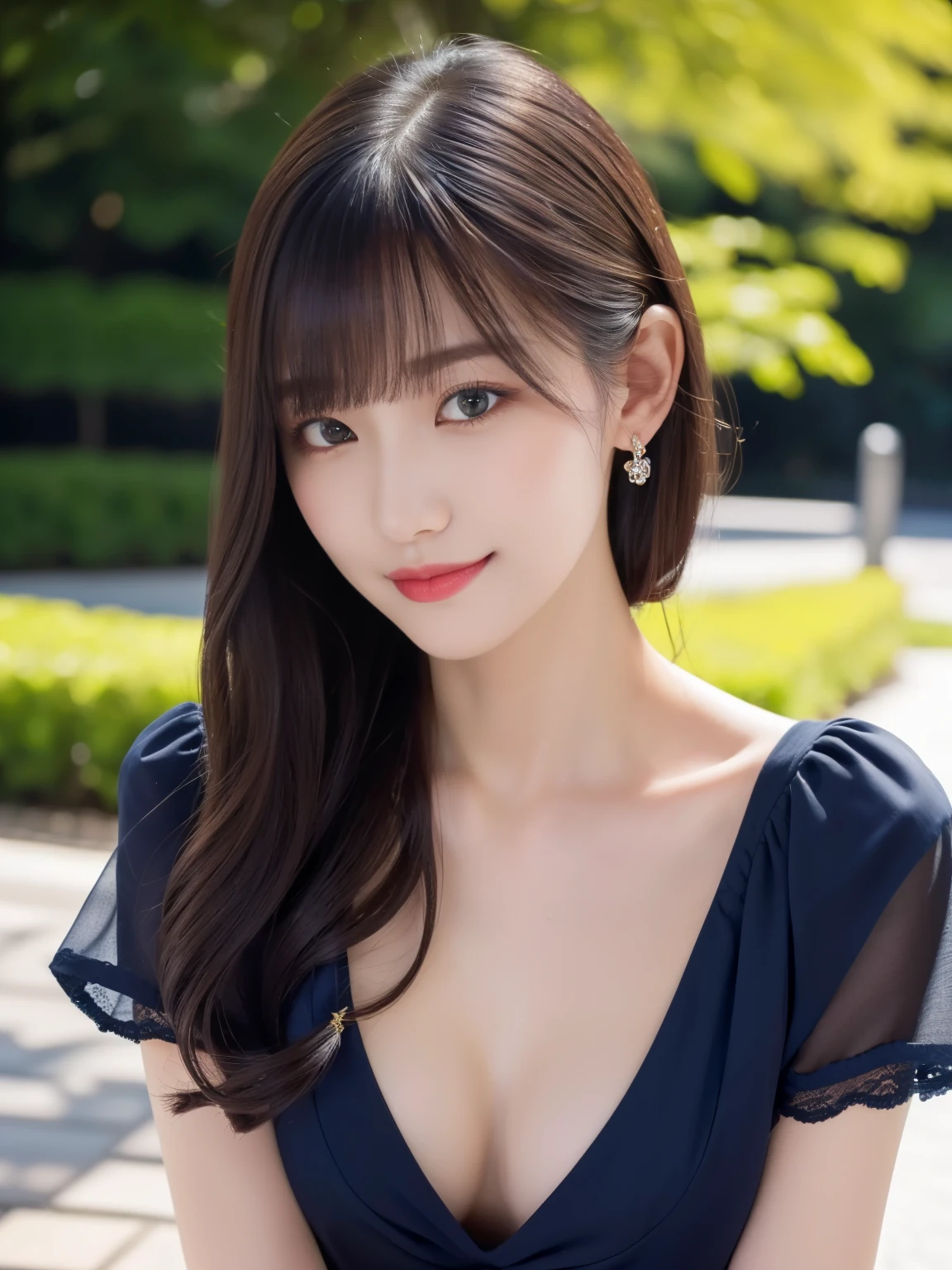 1 girl,(Wearing a dark navy blue short-sleeved camisole blouse:1.4),(RAW Photos, highest quality), (Realistic, Realistic:1.4), Tabletop, Very delicate and beautiful, Very detailed, 2k wallpaper, wonderful, In detail, Very detailedなCGユニティ8K壁紙, Very detailed, High resolution, Soft Light, Beautiful detailed girl, Very detailed目と顔, Beautiful and sophisticated nose, Beautiful and beautiful eyes, Dark pink lipstick, Normal chest, Cinema Lighting, Spring Green Park, Perfect Anatomy, Slender body, smile, Straight Long Hair, ((Randomly oriented body)), Face looking at camera, 28 years old,