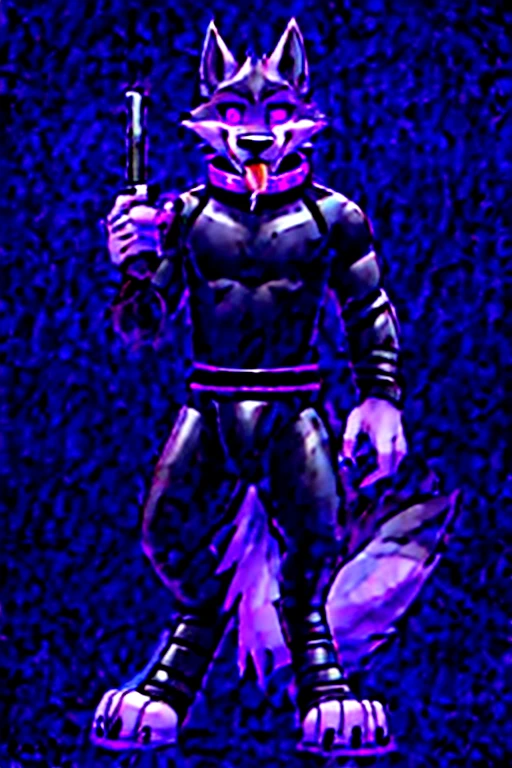 Death wolf hellhound standing, tongue out, using a gray latex suit, and a black techno collar, hypnotized with glowing purple eyes without iris or pupils, tongue out, full body image, carrying a futuristic rifle in his hands, laboratory background