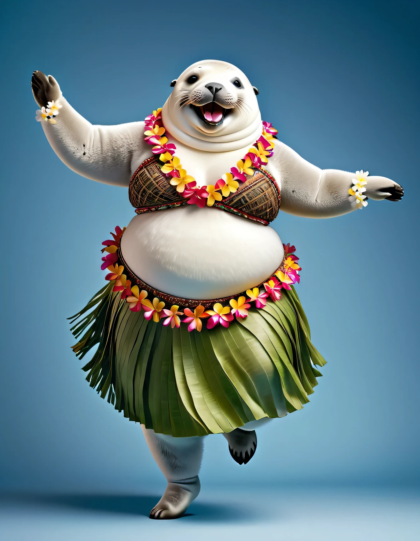 photorealistic portrait of Dressed animals - a ((fat)) seal hula dancer,(hula dancing:2.0), (swinging arms :2.0),(happy smile:1.2),high quality,(happy),(lovely) ,intricate details, (furry), highly detailed ((female hula dancer's costume)) ,highly detailed decorations, wearing (bikini top) and flower lei , (happy), studio lighting,(full body image:1.5),simple background,(viewed from side:2.0),
