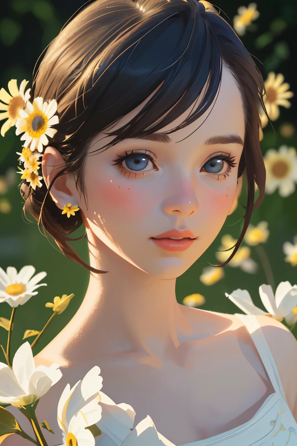 1girl, highly detailed, photorealistic, adorable chibi girl, holding a daisy in her left hand, plucking the petals of the daisy with her right hand, beautiful detailed eyes, beautiful detailed lips, extremely detailed face and hair, intricate floral dress, soft lighting, delicate petals, serene expression, pastoral garden background, vibrant colors, cinematic composition, masterpiece, (best quality,4k,8k,highres,masterpiece:1.2),ultra-detailed,(realistic,photorealistic,photo-realistic:1.37)