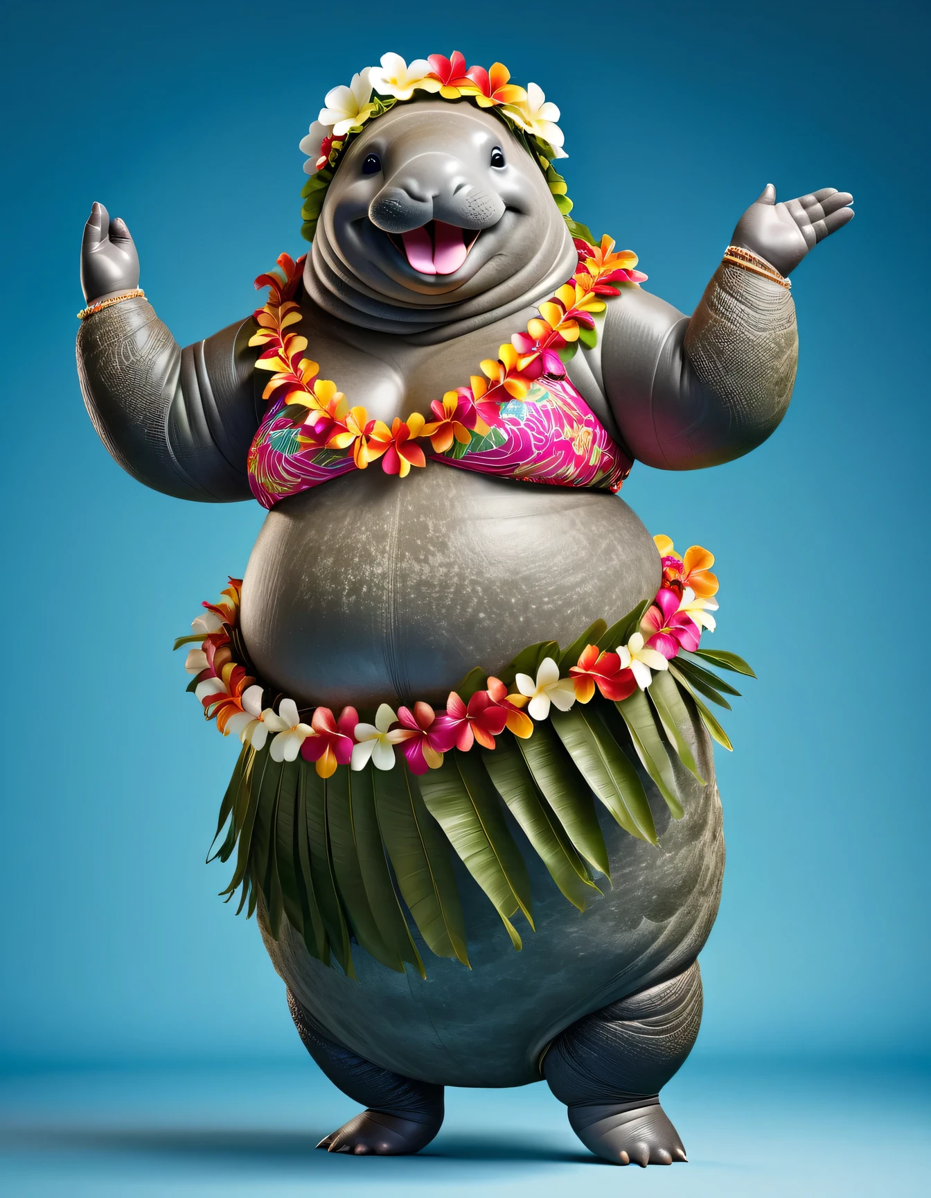 photorealistic portrait of Dressed animals - a ((fat)) manatee hula dancer,(hula dancing:2.0), (swinging arms :2.0),(happy smile:1.2),high quality,(happy),(lovely) ,intricate details, (furry), highly detailed ((female hula dancer's costume)) ,highly detailed decorations, wearing ((bikini top)) and flower lei , (happy), studio lighting,(full body image:1.5),simple background,(viewed from side:2.0),