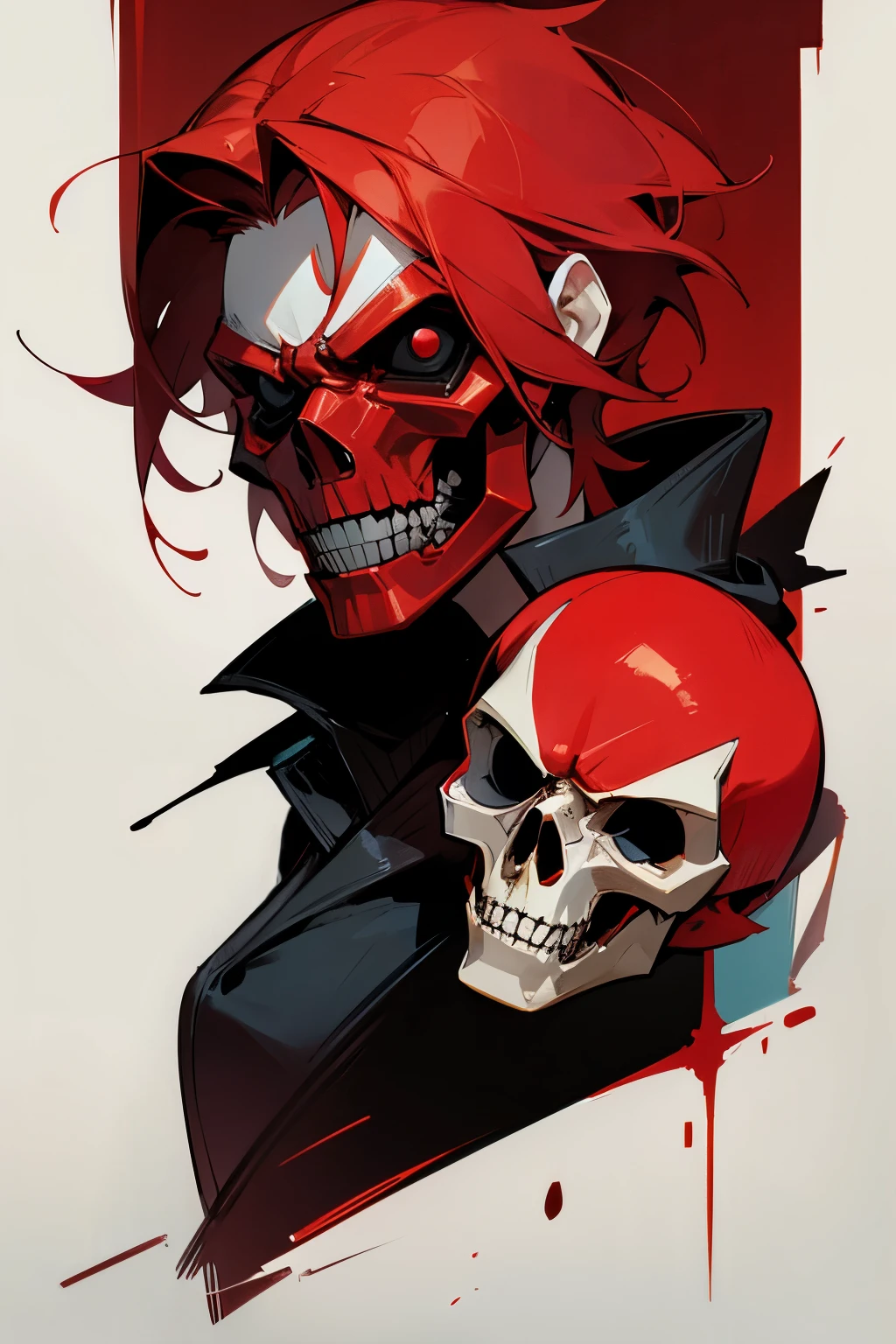 Red-haired woman with short hair wearing a red skull mask