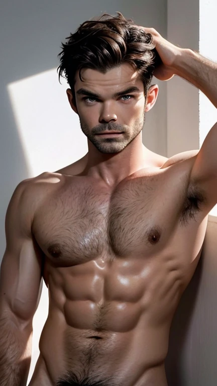 Daniel Gillies, shirtless oily face and hairy body, face full of springkle, (Gigolo magazine cover:1.4), best quality, masterpiece, very aesthetic, perfect composition, intricate details, ultra-detailed, hard face, handsome, hot hairy pubic, innocence face
