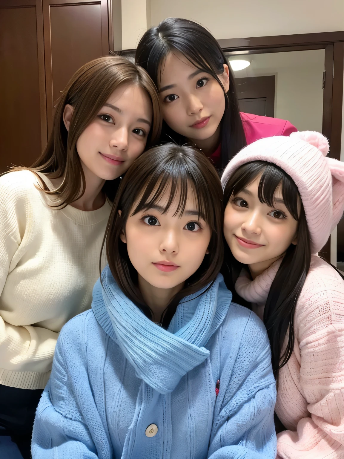highest quality, masterpiece, Ultra-high resolution, (Realistic:1.4), Raw photo, Very detailed, Perfect Anatomy, (Three Girls), The most popular Japanese idols at 18, Most popular Japanese actresses at 38 years old, The most popular Japanese model at 28 years old, (Everyone is having fun at a house party), All-sitting luxury sofa, Variety of faces, Very cute face like the most popular Japanese idol, Very beautiful face like the most popular Japanese actress, Very cute face like the most popular Japanese models, Very beautiful eyes, Everything is so beautiful、The hair colour is also different, All of the skins are very beautiful, (((Everyone is wearing winter clothes)))