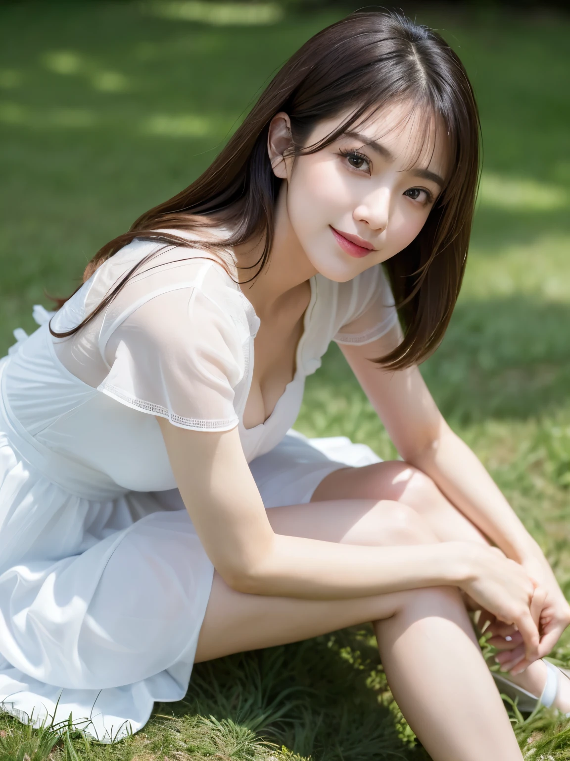 (Best-quality, Masterpiece, Ultra-High-Resolution, (Photorealistic:1.4), Raw Photo, depth of field, professional lighting, perfect anatomy, extremely details), from above, 1girl, the most famous Japanese actress, Sunny day, at noon, In summer park, (sitting on grass), ((wearing luxurious casual-dress)), (extremely beautiful face like the most popular Japanese actress, (extremely beautiful and extremely big eyes), extremely beautiful realistic-skins), extremely beautiful hair, extremely beautiful long-eyelashes, extremely beautiful lips, extremely beautiful thighs, looking at viewer, innocent smile