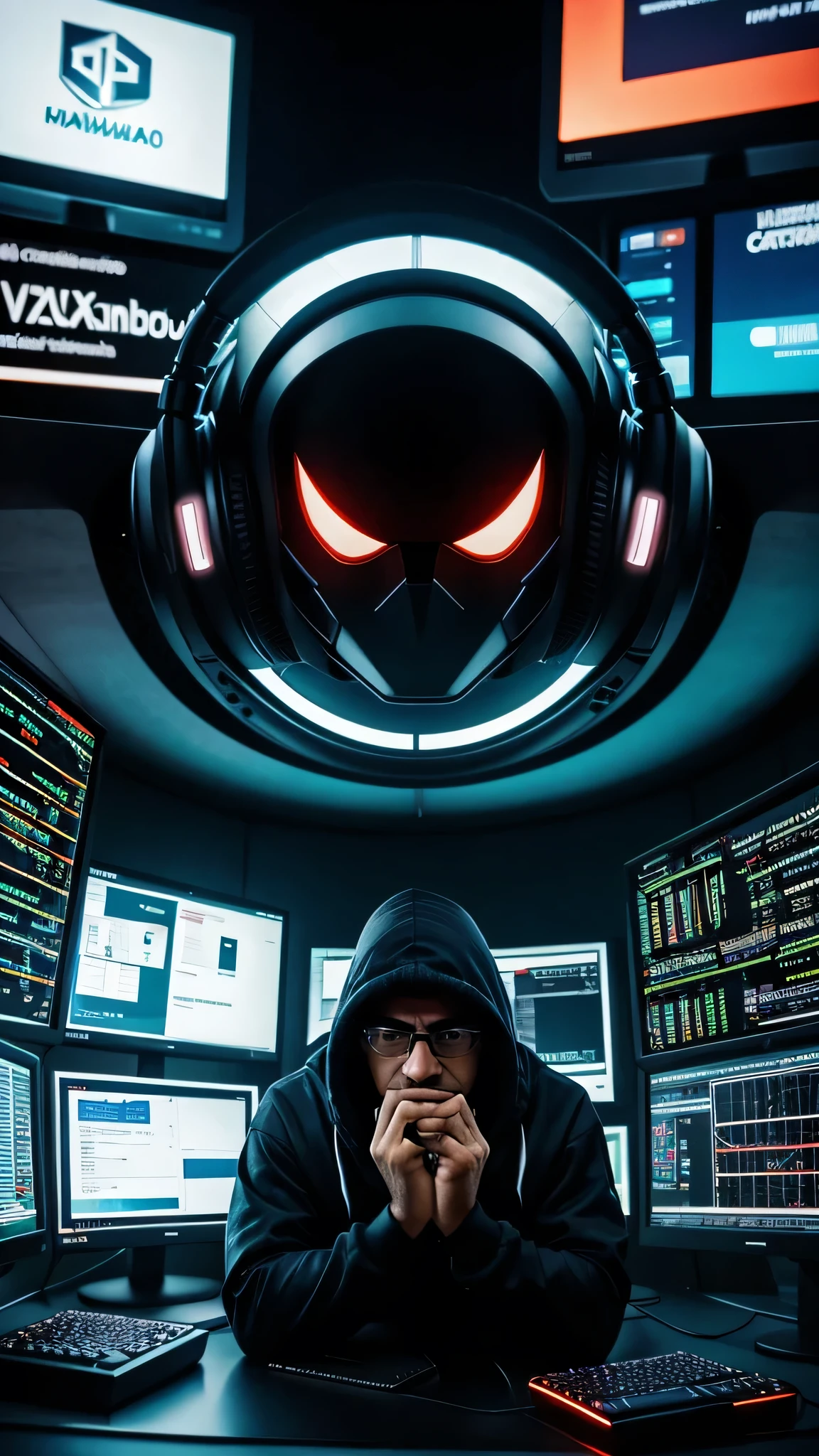puffy person in a hoodie sitting in front of several monitors, hackear into the mainframe, hacker, hackear, homem rouba computadores, cyberpunk hacker, destaque, o metaverso criptografado, capturado, hackear effects, cyber, foto parada, No fundo, sentado em um computador, atacante, por Bernard Meninsky, na frente de um computador