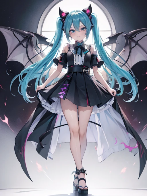 Miku Hatsune, alta definicion, orejas de kitsune, alta definicion, fullbody picture alta definicion, flaming eyes, evil eyes, devil girl, risa demoniaca, ojos de maldad, dragon wings, sucubo, shes atack de camera, sensual back pose, 