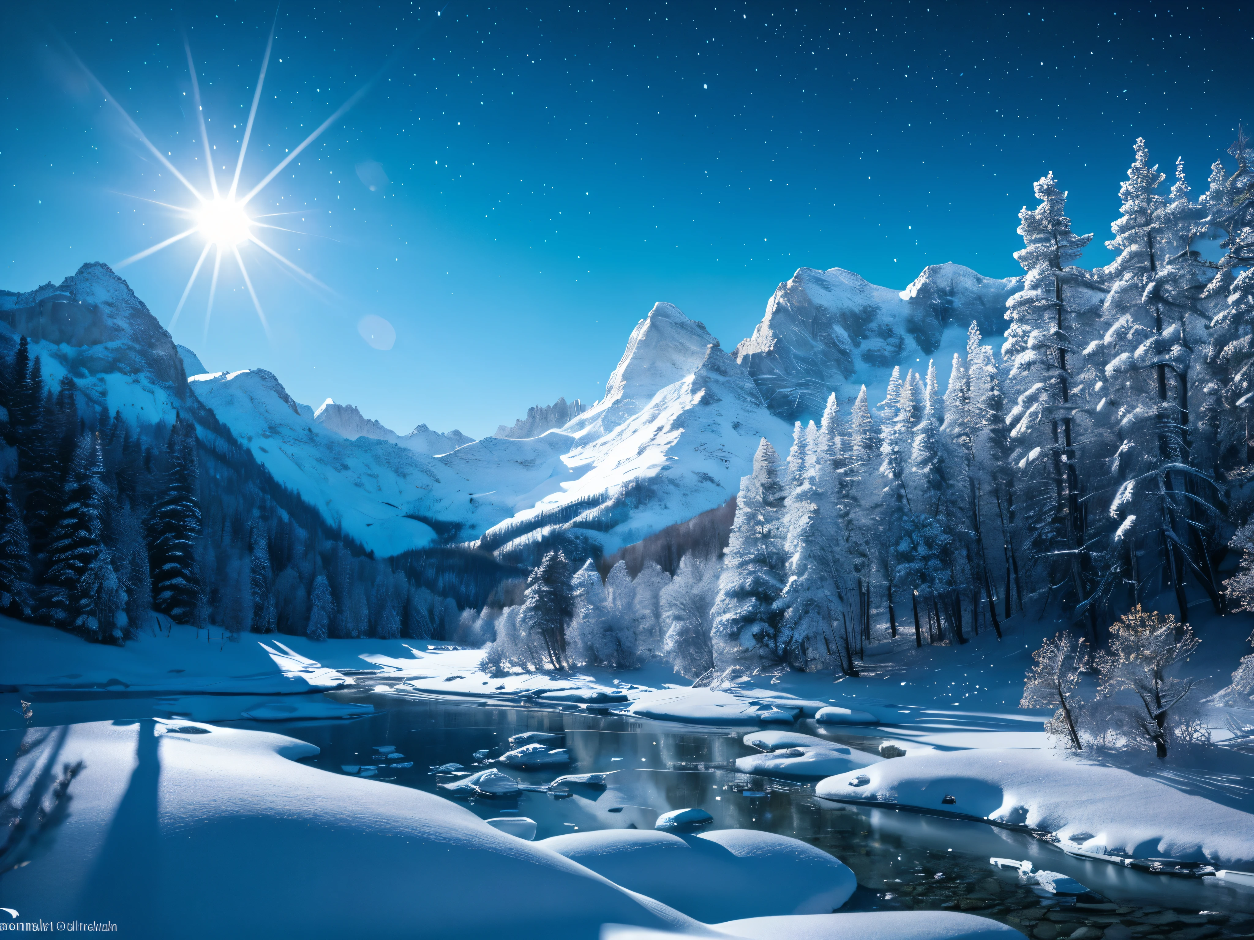 In the tranquil winter wilderness of a mountainous region, moonlight casts an icy glow on the snow-covered landscape, painting it in cool blue tones. A lone wolf, noble and majestic, stands amidst the stillness, its silver-tinged fur blending with the wintry backdrop. The image, likely a skillfully composed photograph, captures the elegant beauty of the scene with exquisite detail and clarity. Each snowflake glistens like a diamond, enhancing the overall ethereal and pristine atmosphere of the moment.