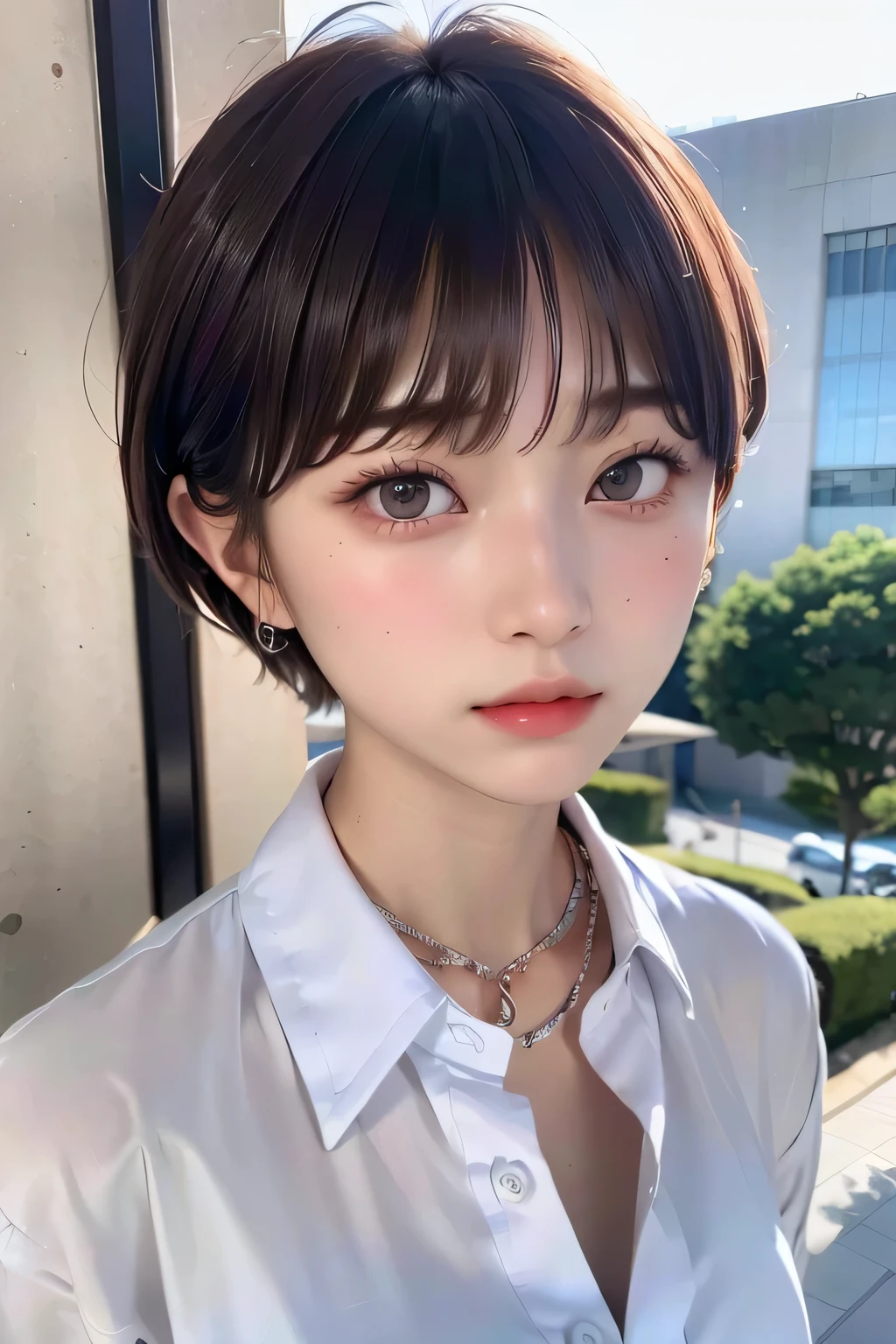 (highest quality:1.3)、(Masterpiece:1.4)、Raw photo、8K、((Best image quality))、 ((High resolution))、Beautiful face in every detail、Realistic human skin、Gentle expression、(Cute natural anime face)、(One Woman:1.3)、Realistic、Photorealistic、short hair、(Beautiful woman)、((Cool Japan girl))、(boyish:1.3)、mannish、((Beautiful woman))、(Beautiful Hair)、((Dark brown hair))、(Blushing:1.5)、(Fashion Model:1.3)、(Every woman admires her face:1.3)、((Her eyes are big))、20 year old beauty、(Small face)、Small Head、((Long neck))、(High school girls)、uniform、(Japanese high school uniform)、(High school girlsのuniform)、((White button-up shirt))、(A shirt with a wide open chest)、Collared shirt、(necklace)、(The aspirations of young people)、((The center of attention in school))、everyone will love her、(You can almost see your cleavage)、sexual excitement、Thick chain collar