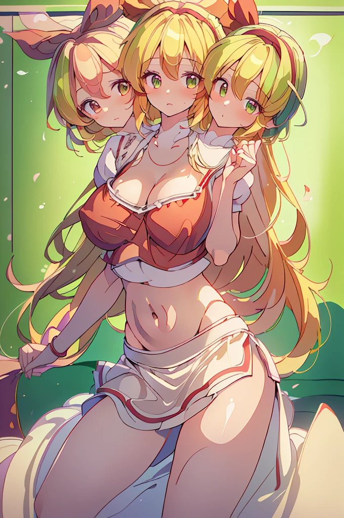 (masterpiece, best quality), best quality, (ultra-detailed), (3heads:1.5), 1girl, (ellen (touhou):1.3), masterpiece, best quality, ultra quality, ultra resolution, ultra detail, red top, crop top, ((stomach)), midriff, ((groin)), red skirt, normal ears, shackles, blonde hair, very long hair, wavy hair, sidelocks, green eyes, very detailed eyes, beautiful eyes, parted lips, open belly, sweat, cute, toned belly, hand on own chest, eyelashes, (24 year old woman:1.3), (masterpiece:1.5), (best quality:1.5), (beautiful detailed, extremely detailed CG, extremely delicate and beautiful, depth of field, (finely detailed face), (perfect details:1.3), (mature female:1.4), wide pelvis, slender, large veiny breast, 16k resolution, highres, high quality, high definition, extremely detailed, masterpiece, best quality, blonde hair, long hair, alluring presence, braid, short skirt, close up, big tits, young, hairband, red hairband, waist apron,