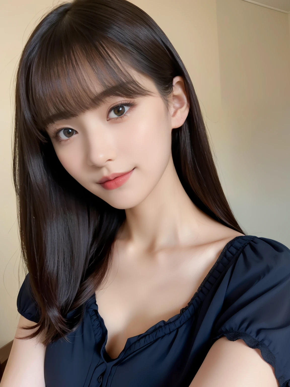 1 girl,(Wearing a dark navy blue short-sleeved camisole blouse:1.4),(RAW Photos, highest quality), (Realistic, Realistic:1.4), Tabletop, Very delicate and beautiful, Very detailed, 2k wallpaper, wonderful, In detail, Very detailedなCGユニティ8K壁紙, Very detailed, High resolution, Soft Light, Beautiful detailed girl, Very detailed目と顔, Beautiful and sophisticated nose, Beautiful and beautiful eyes, Dark pink lipstick, Normal chest, Cinema Lighting, Spring Green Park, Perfect Anatomy, Slender body, smile, Straight Long Hair, ((Randomly oriented body)), Face looking at camera, 28 years old,