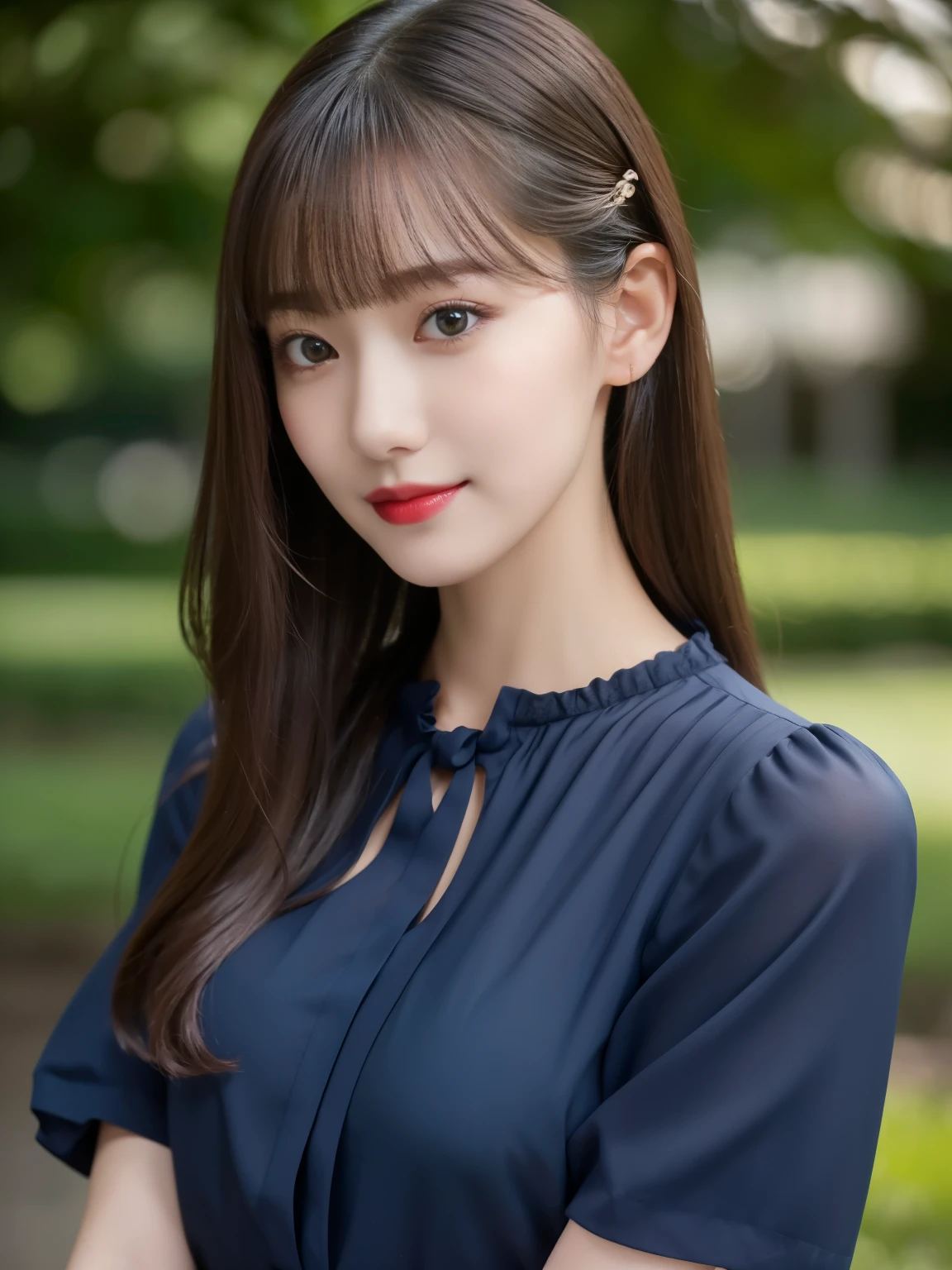 1 girl,(Wearing a dark navy blue short-sleeved camisole blouse:1.2),(RAW Photos, highest quality), (Realistic, Realistic:1.4), Tabletop, Very delicate and beautiful, Very detailed, 2k wallpaper, wonderful, In detail, Very detailedなCGユニティ8K壁紙, Very detailed, High resolution, Soft Light, Beautiful detailed girl, Very detailed目と顔, Beautiful and sophisticated nose, Beautiful and beautiful eyes, Dark pink lipstick, Normal chest, Cinema Lighting, Spring Green Park, Perfect Anatomy, Slender body, smile, Straight long hair, (Randomly oriented body), Face looking at camera, 28 years old,