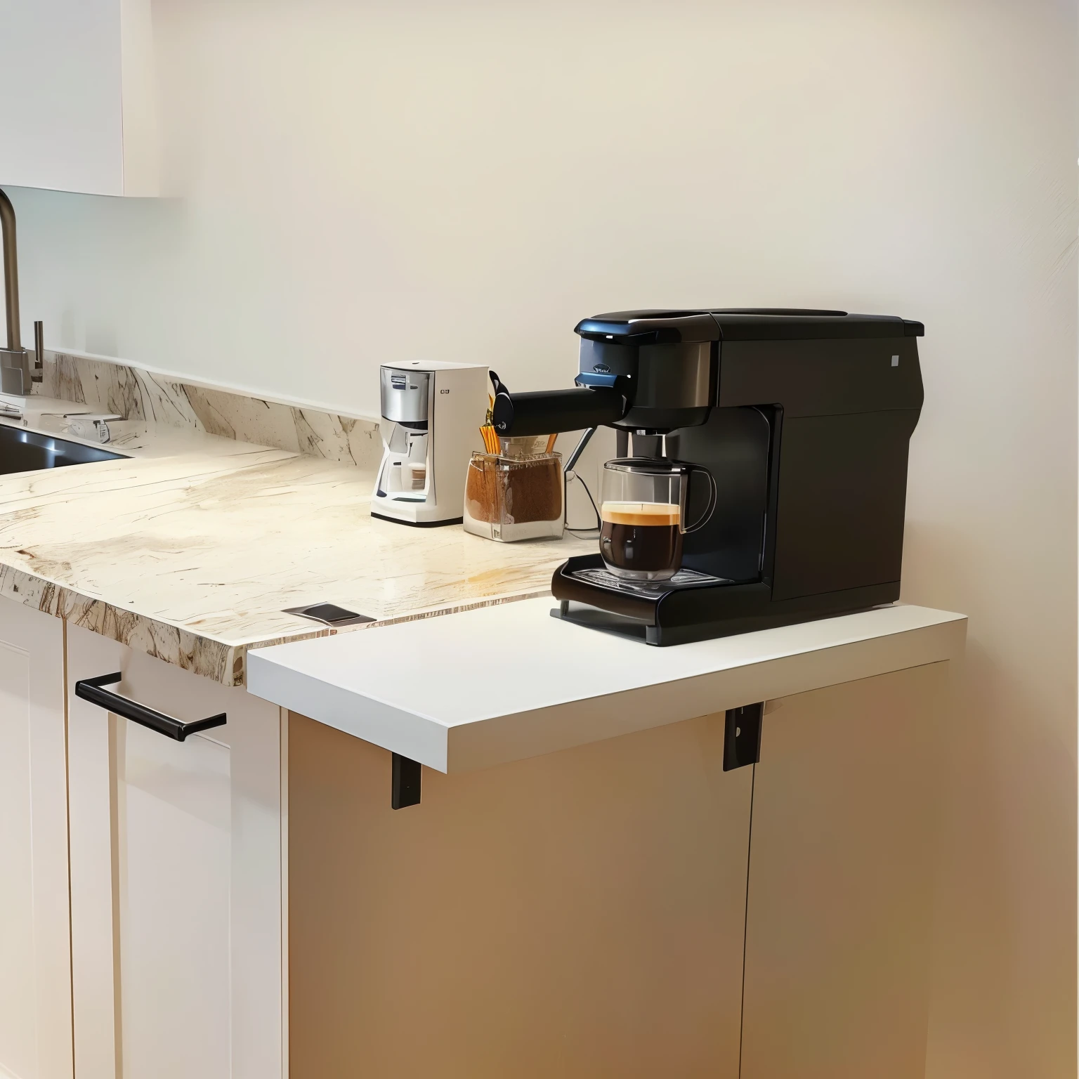 there is a coffee maker on the counter in the kitchen, kitchen counter, outstanding detail, hero shot, full subject shown in photo, high angle close up shot, counter, intense details, small kitchen, professional product photo, shelf, high angle, detailed wide shot, perfect detail, interesting angle, ultra - realistic, ultra-realistic, multi-dimensional