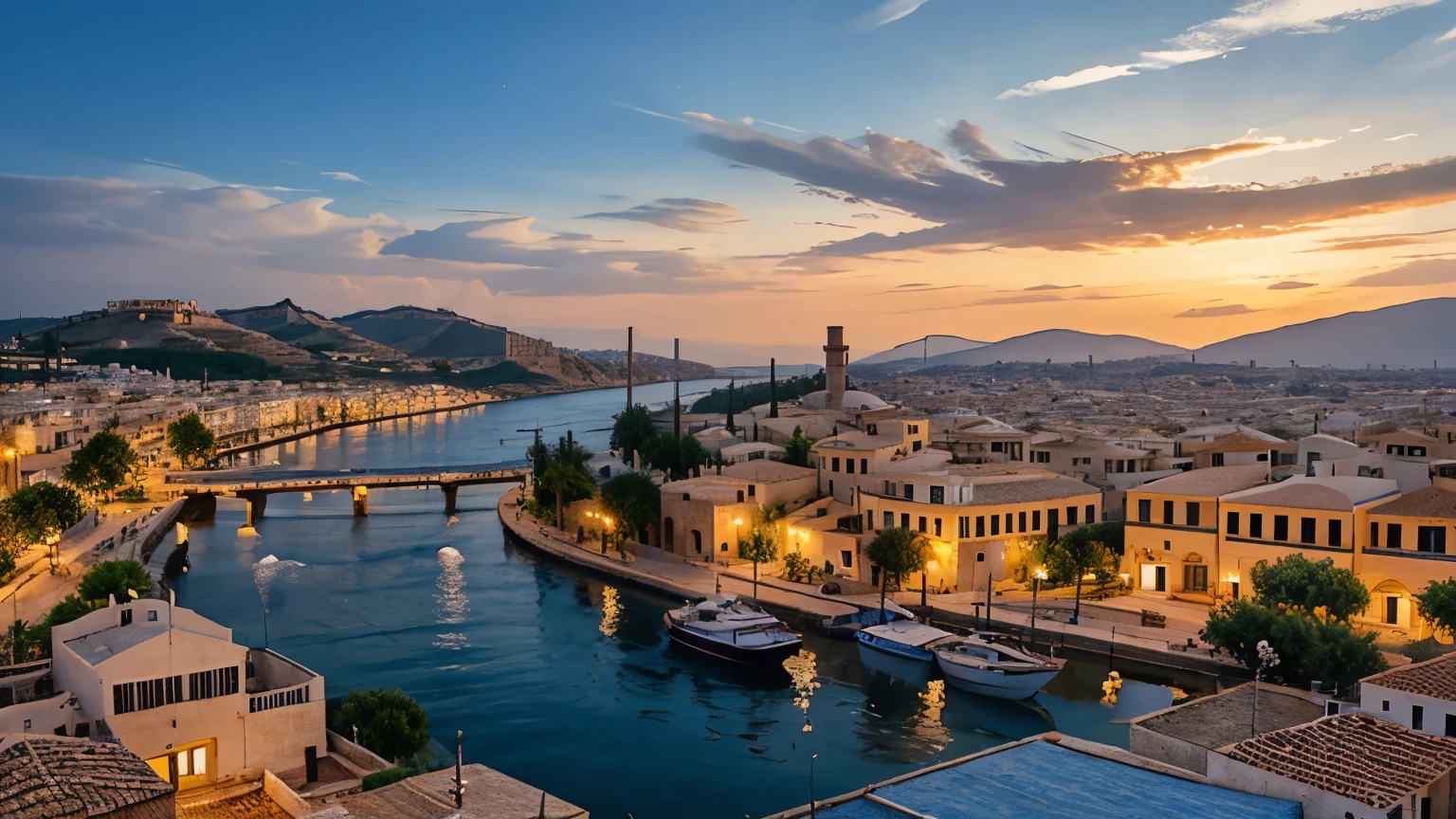 Zeno's Birthplace:
Create an image of Citium, a bustling ancient city in Cyprus, showcasing its blend of Greek and Phoenician influences with merchant ships docked at the harbor.