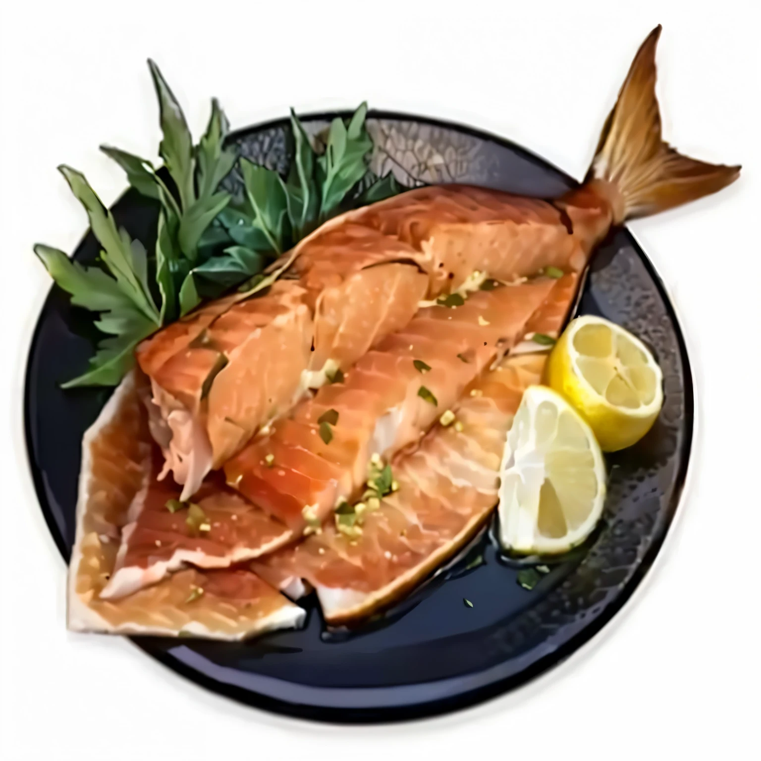 There was a fish on the plate，There is also a lemon and a leaf, salmon, Super realistic food pictures,, ( , Ultra Detailed!, High Detail