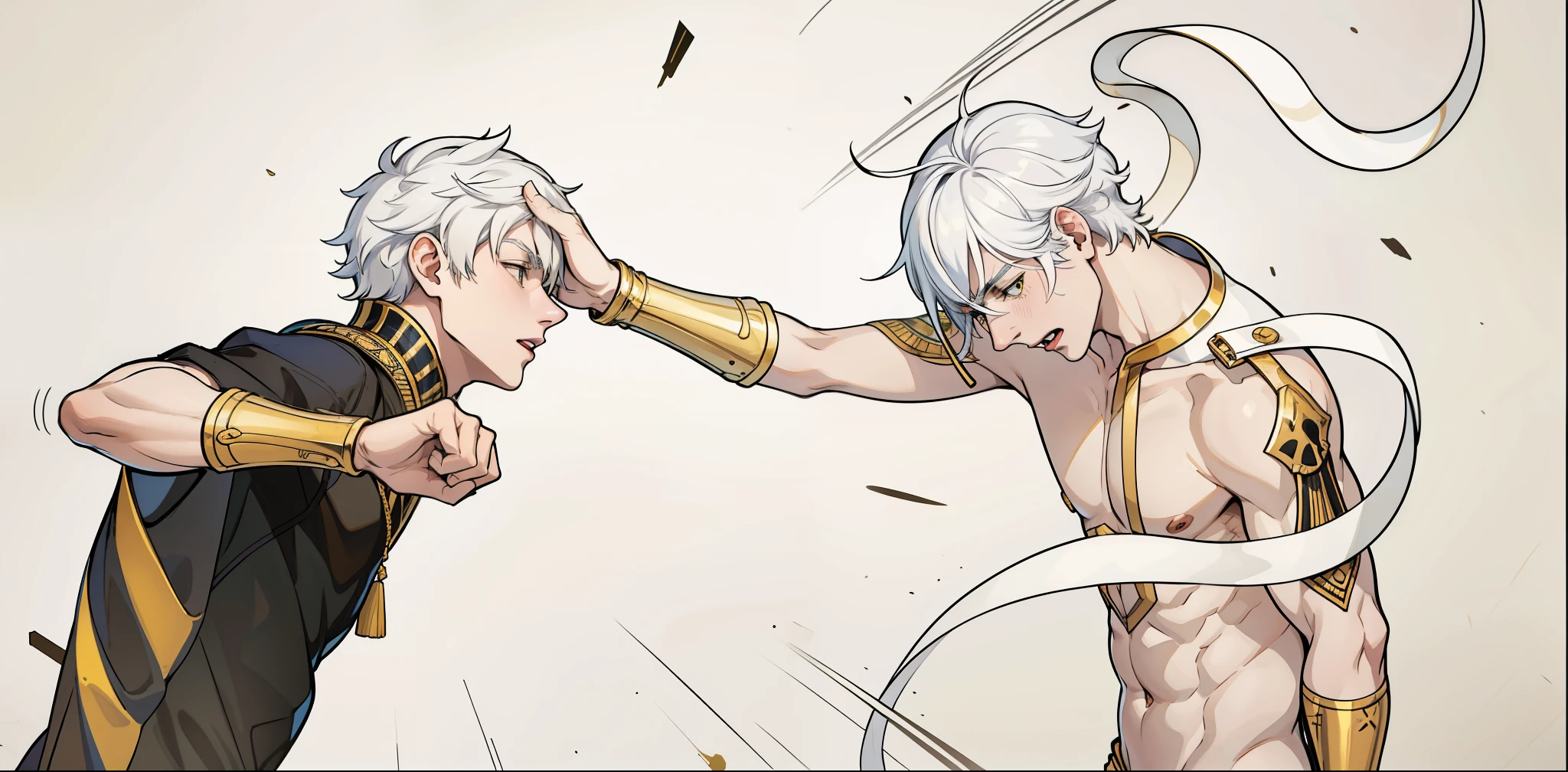 There are two 17-year-old boys with white hair in a fight, golden jewelry, they are in the room of a palace in Egypt, their clothes are black and yellow.