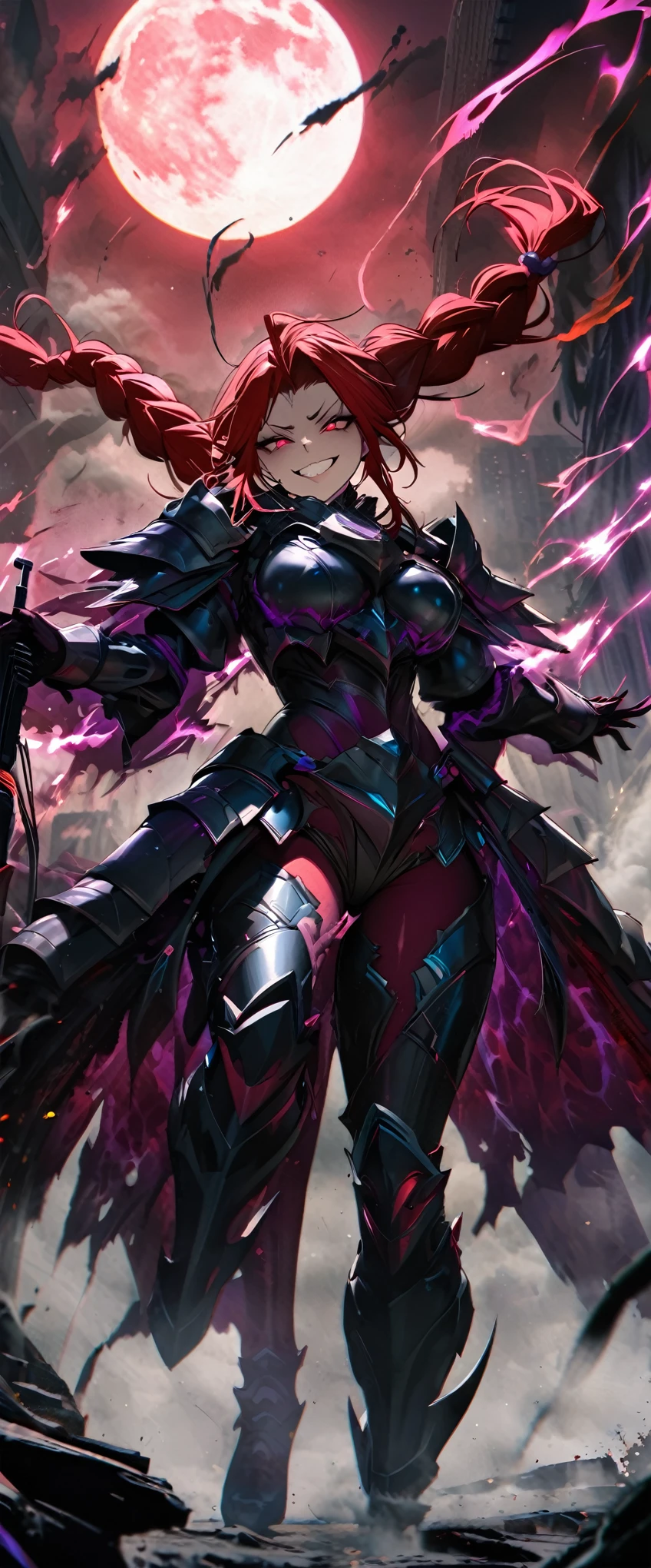 best quality, super fine, 16k, incredibly absurdres, extremely detailed, 2.5D, delicate and dynamic, ruthless, cool and beautiful female warrior, shining iridescent clairvoyance, rainbow-colored braided ponytail, forehead, captivating look, aroused expression, evil smile, teasing smile, grin, lewd smile, heavy armor, heavy beam rifle, ominous aura swirls effects, background skyscraper being split in two by a lightning strike, big red full moon, exposed steel beams, flying glass, demonic shadows, sparks, smoke, fog, eerie atmospheric colors, slow-motion effects, dark fantasy