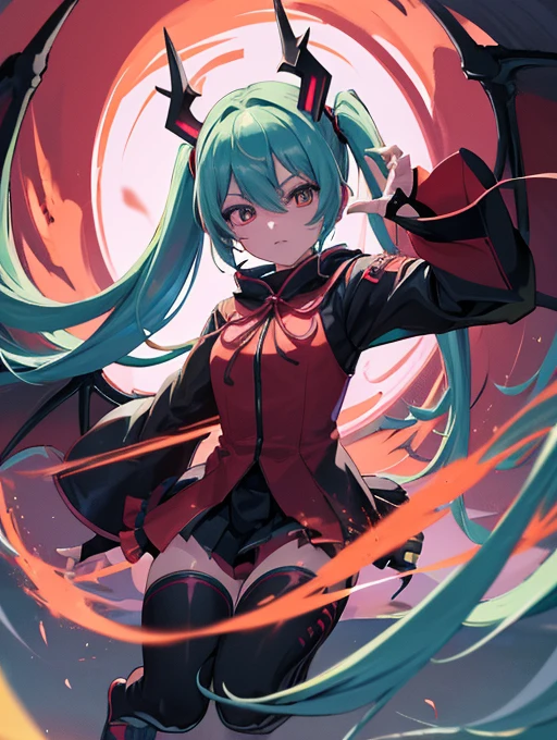 Miku Hatsune, alta definicion, orejas de kitsune, alta definicion, fullbody picture alta definicion, flaming eyes, evil eyes, devil girl, risa demoniaca, ojos de maldad, dragon wings, sucubo, shes atack de camera, sensual back pose,
