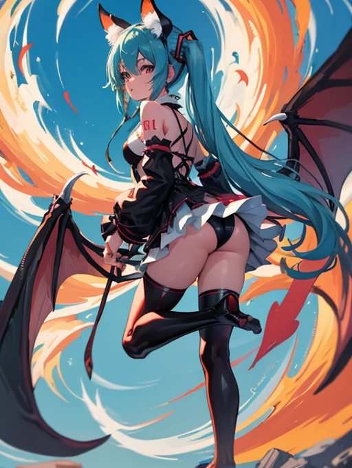 Miku Hatsune, alta definicion, orejas de kitsune, alta definicion, fullbody picture alta definicion, flaming eyes, evil eyes, devil girl, risa demoniaca, ojos de maldad, dragon wings, sucubo, shes atack de camera, sensual back pose,