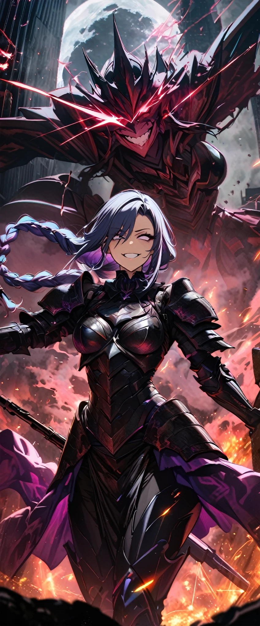 best quality, super fine, 16k, incredibly absurdres, extremely detailed, 2.5D, delicate and dynamic, ruthless, cool and beautiful female warrior, shining iridescent clairvoyance, rainbow-colored braided ponytail, captivating look, aroused expression, evil smile, teasing smile, grin, lewd smile, heavy armor, heavy beam rifle, ominous aura swirls effects, background skyscraper being split in two by a lightning strike, big red full moon, exposed steel beams, flying glass, demonic shadows, sparks, smoke, fog, eerie atmospheric colors, slow-motion effects, dark fantasy