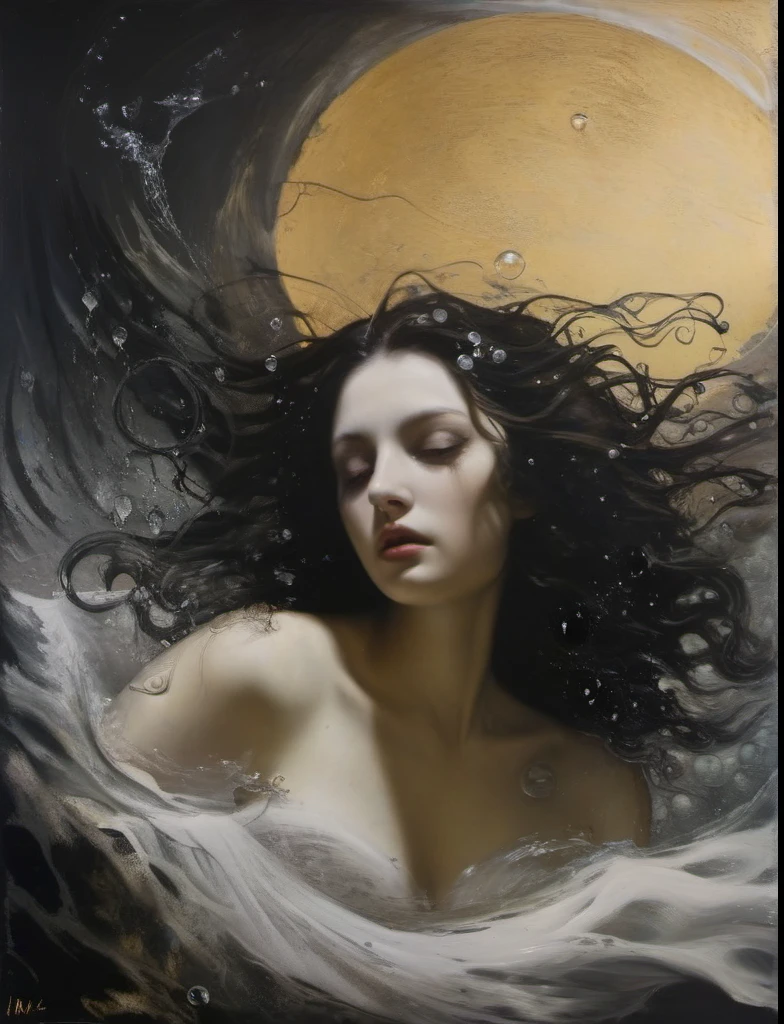 James Gurney, Surrealist art , dream-like, Mysterious, Provocative, symbolic, Complex, detailed,, (Gothic but very beautiful:1.4), (masterpiece, highest quality:1.4) , Nicola Samori Style, siren 、Water bubbles、Mermaid with wavy hair dissolved in water