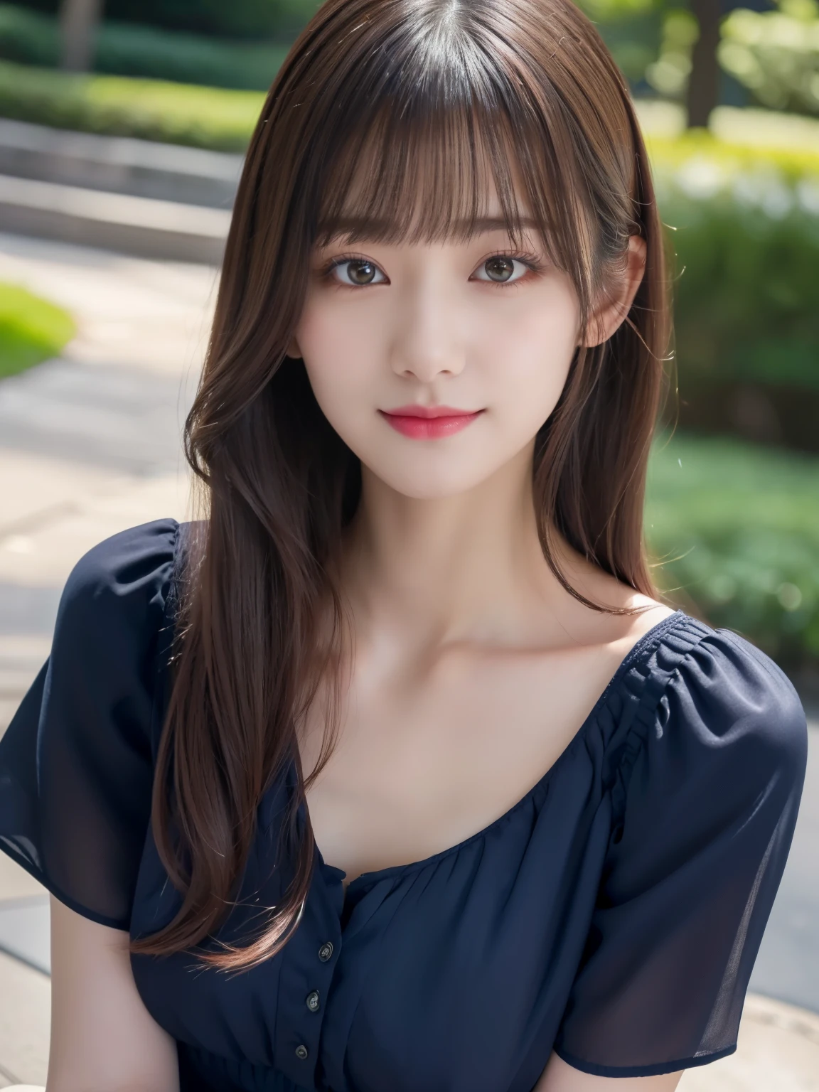1 girl,(Wearing a dark navy blue short-sleeved camisole blouse:1.2),(RAW Photos, highest quality), (Realistic, Realistic:1.4), Tabletop, Very delicate and beautiful, Very detailed, 2k wallpaper, wonderful, In detail, Very detailedなCGユニティ8K壁紙, Very detailed, High resolution, Soft Light, Beautiful detailed girl, Very detailed目と顔, Beautiful and sophisticated nose, Beautiful and beautiful eyes, Dark pink lipstick, Normal chest, Cinema Lighting, Spring Green Park, Perfect Anatomy, Slender body, smile, Straight long hair, (Randomly oriented body), Face looking at camera, 28 years old,