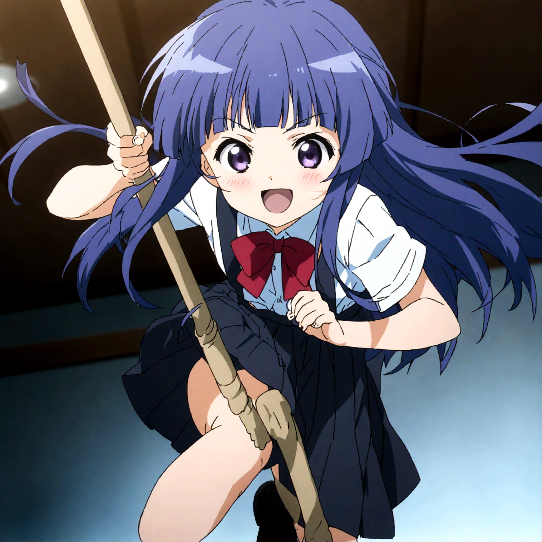 score_9,score_8, score_8_up, BREAK 1girl, solo, furude rika, (tween), kawaii, blue hair, purple eyes, long hair, blunt bangs, bangs,, bow, skirt, shirt, suspenders, smile, short sleeves, pleated skirt, white shirt, open mouth, :d, red bow, facing viewer,^_^, suspender skirt, , black skirt, collared shirt, blush, bowtie, blunt bangs, dress shirt,masterpiece, best quality, source_anime,ceiling, ceiling light, great lighting, detailed shadows, detailed body, anime artwork,anime style, key visual, vibrant, studio anime, highly detailed, anime coloring,,battle stance,fullbody,spread leg,holding mop,battoujutsu,motion blur,motion lines,dynamic angle,simple background, white background.