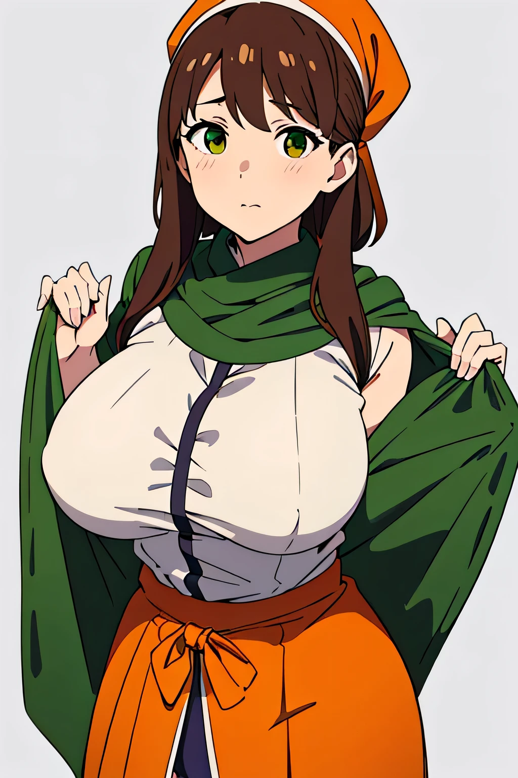 Character portrait、whole body、Big Tits、A simple town girl、Emphasize the breasts、Brown Hair、Orange and green national costume、White shirt showing through and underwear visible、Wearing a bandana