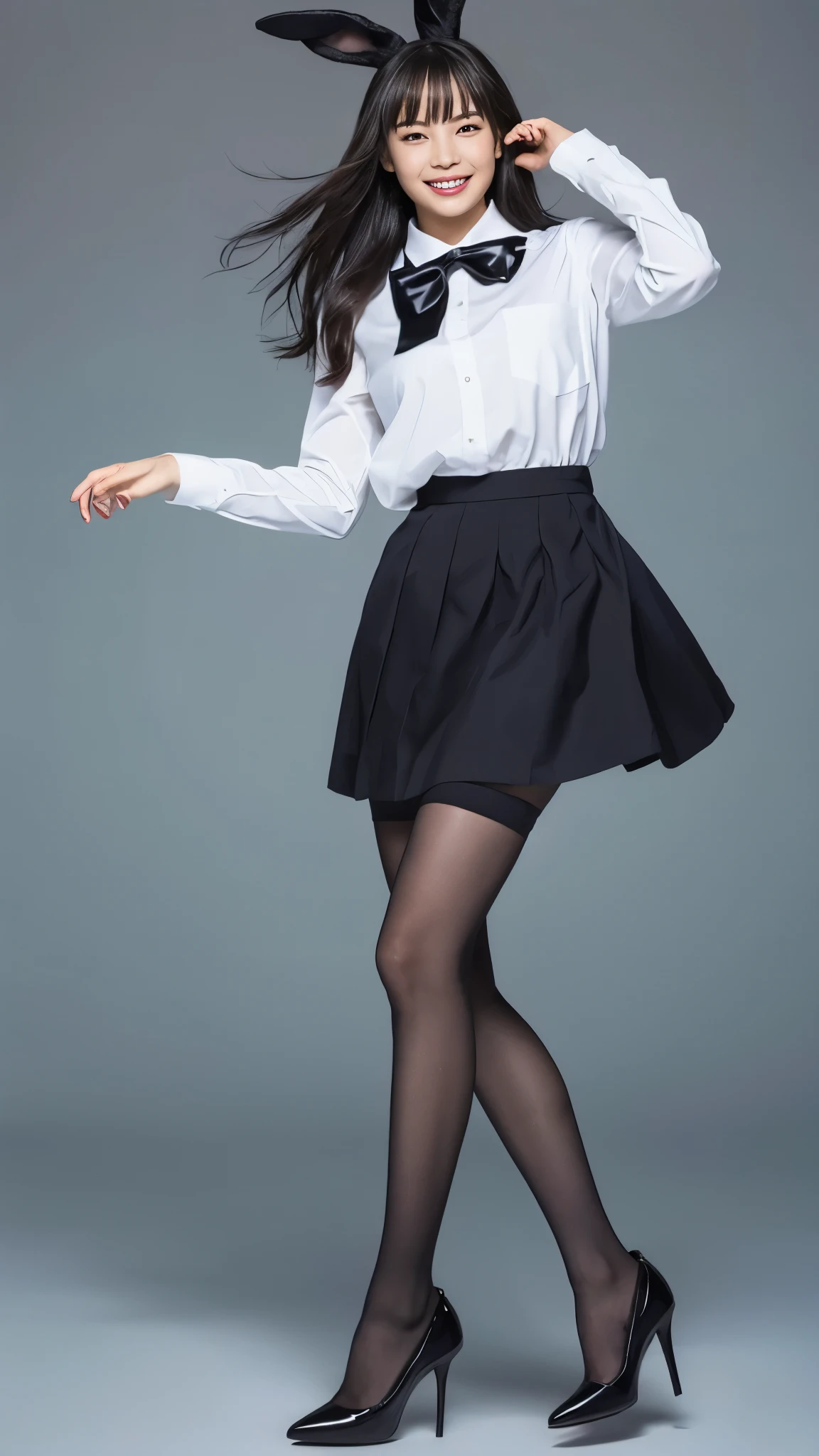 Bunny girl in maid clothes:1.5,Wearing black tights:1.5,The best smile:1.5,Full Body Shot:1.5,Gray background:1.5,Wearing black high heels:1.5,Lift the hem of your skirt with your hands:1.5