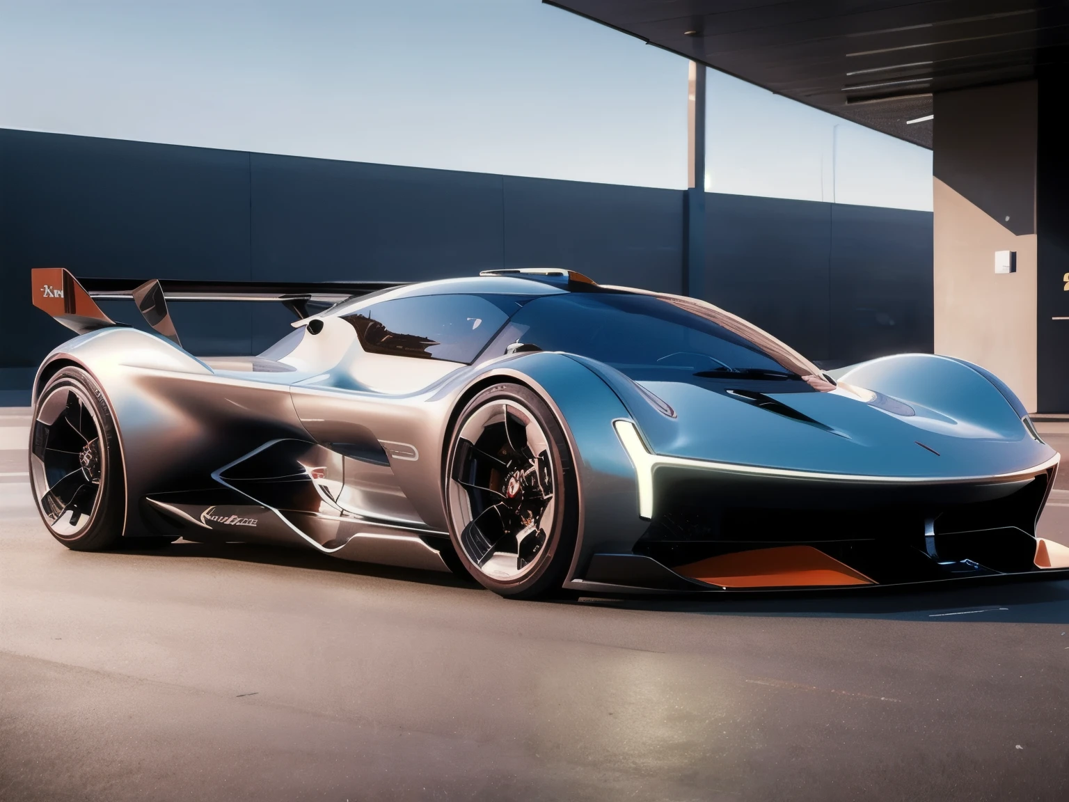 one car, concept car, concept design, super race car, in satin grey and copper colors, thin black wheels, a three-quarter rear view, best quality, realistic, modern city of background, parked on metal floor