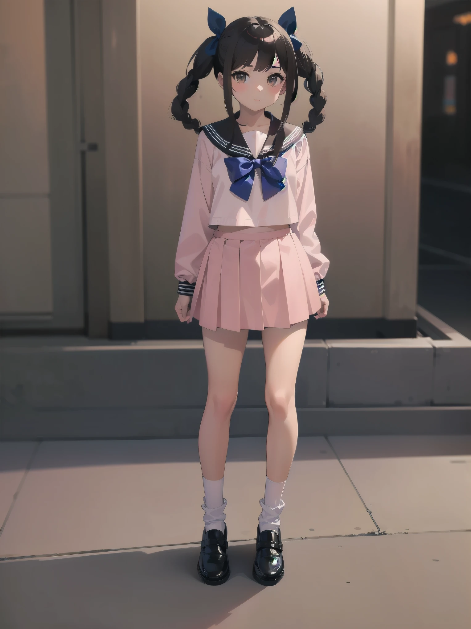 1girl, solo, looking at viewer, skirt, brown hair, shirt, long sleeves, bow, twintails, brown eyes, , full body, shoes, socks, sailor collar, black footwear, twin braids, cosplay, blue bow, white socks, pink skirt, photo background, pink sailor collar