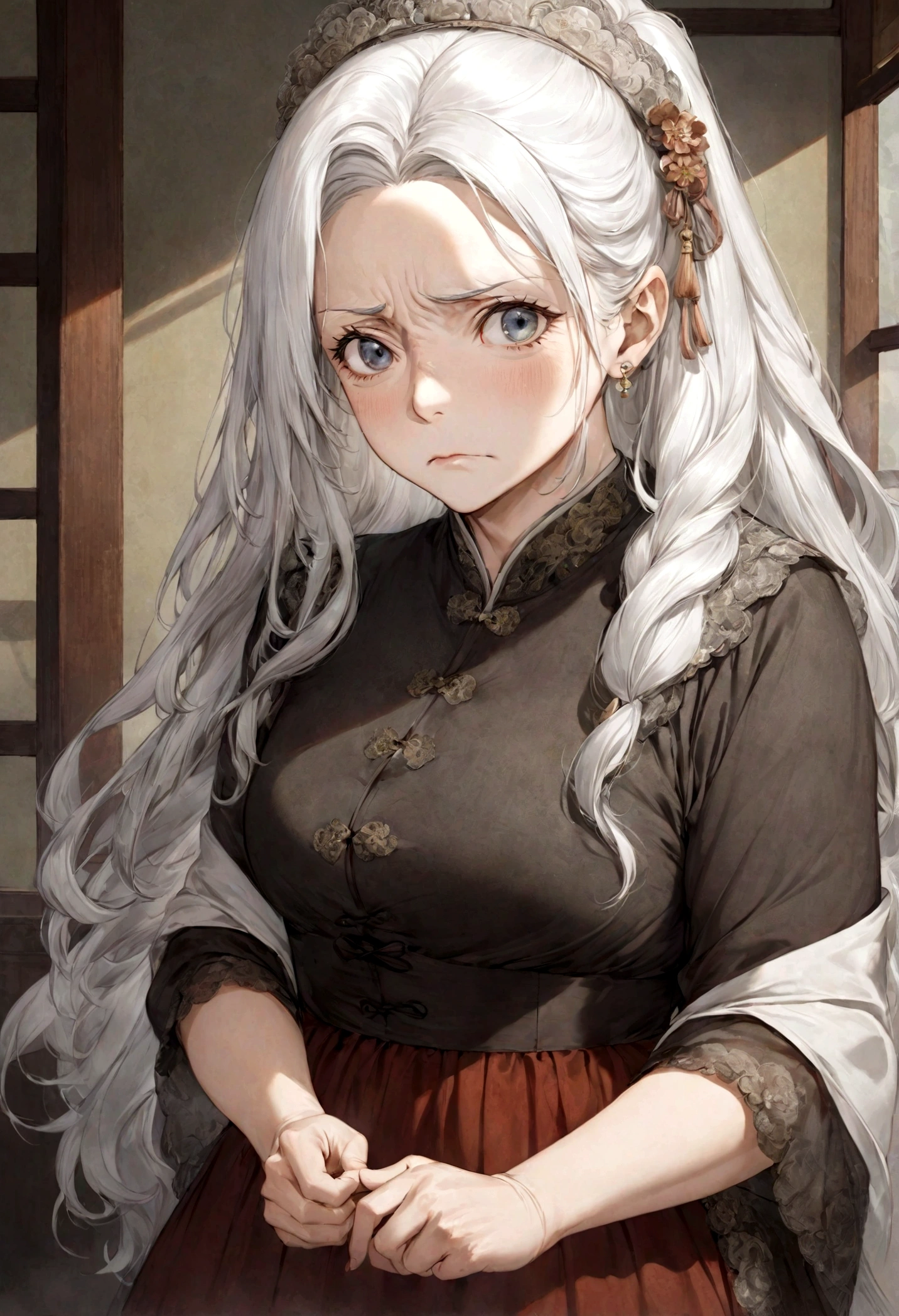 (old lady:1.4), Long hair，White hair, Serious face, housewife, Auntie&#39;s expression,Chinese.Dress in an antique style
