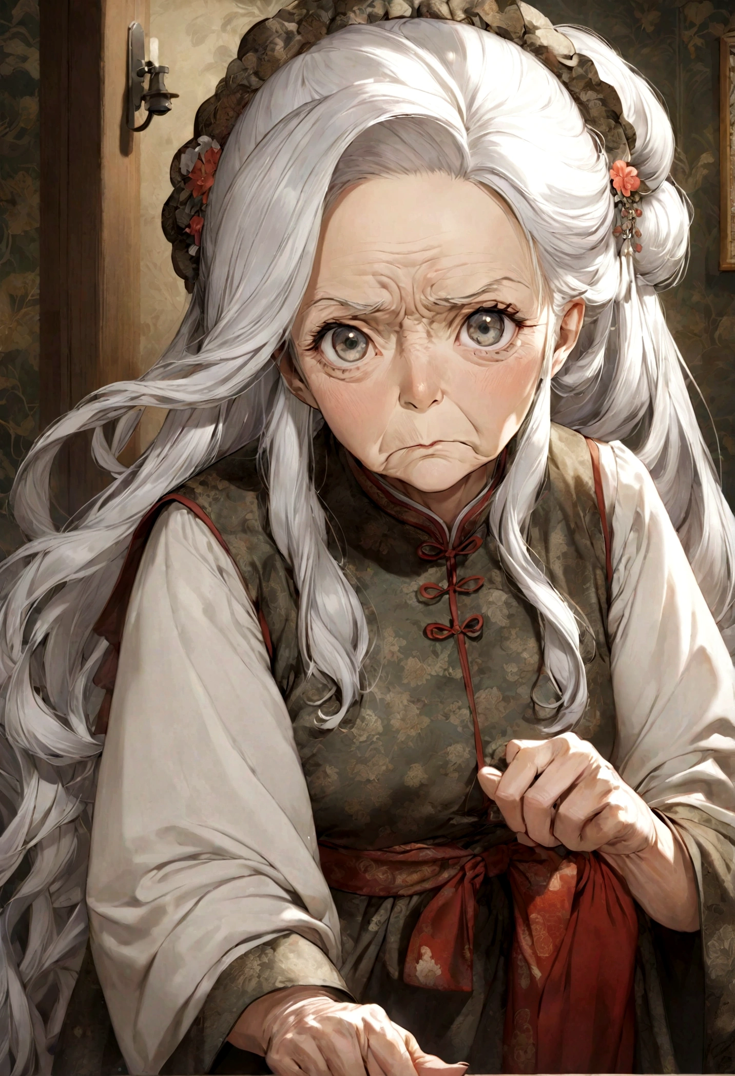 (old lady:1.4), Long hair，White hair, Serious face, housewife, Auntie&#39;s expression,Chinese.Dress in an antique style