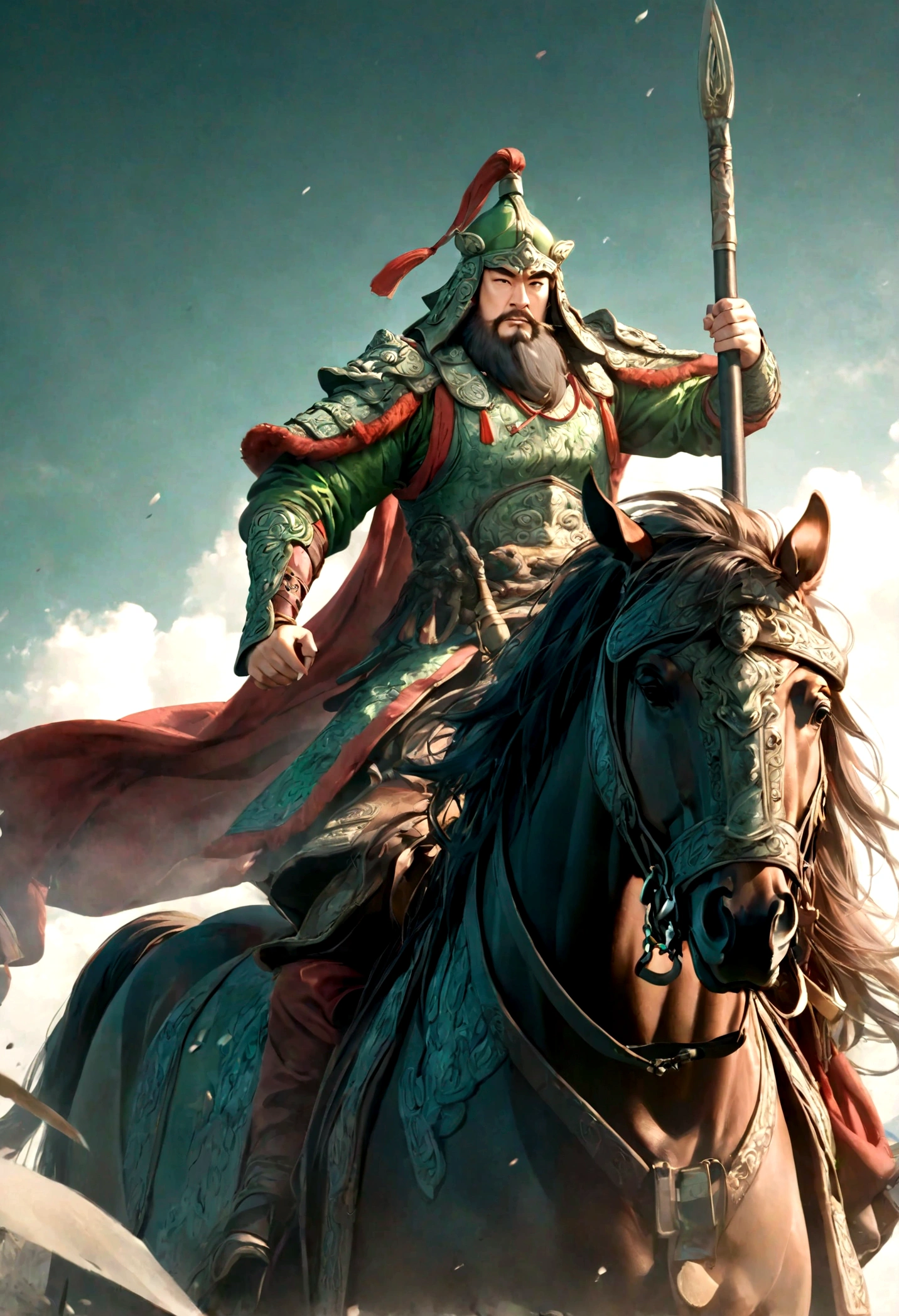 Guan Yu Riding Alone,momentum,Awesome,Strong body,Magnificent,Perfect composition,Very artistic illustration,masterpiece。