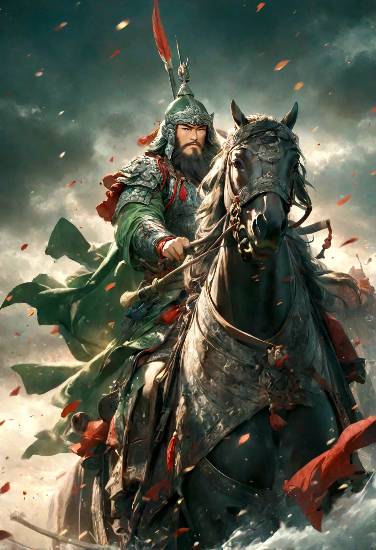 Guan Yu Riding Alone,momentum,Awesome,Strong body,Magnificent,Perfect composition,Very artistic illustration,masterpiece。