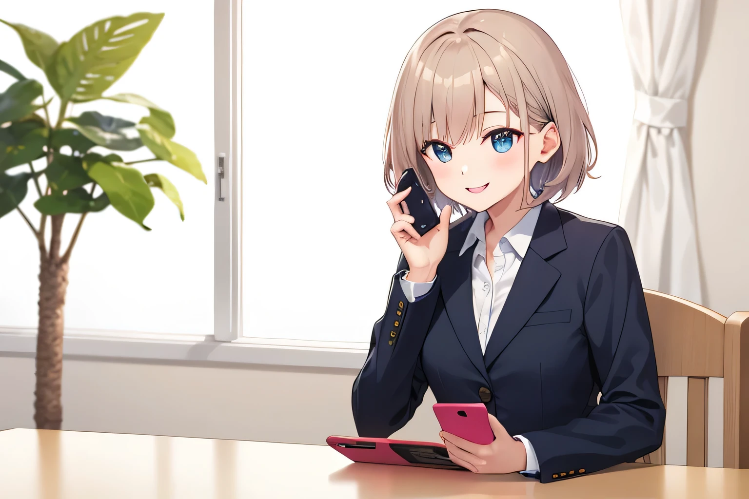 anime、beautiful girl、Suit Woman、Phone、smile、Deformation、Black Hair、Smartphone in your right hand