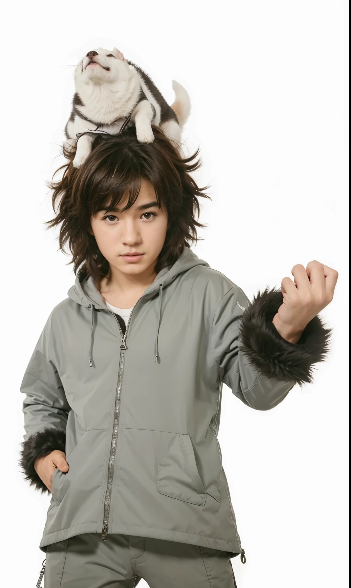 Kevin Jonas como Kiba Inuzuka, Extremely Realistic, Very Beautiful, 12 years old, With dog, white puppy