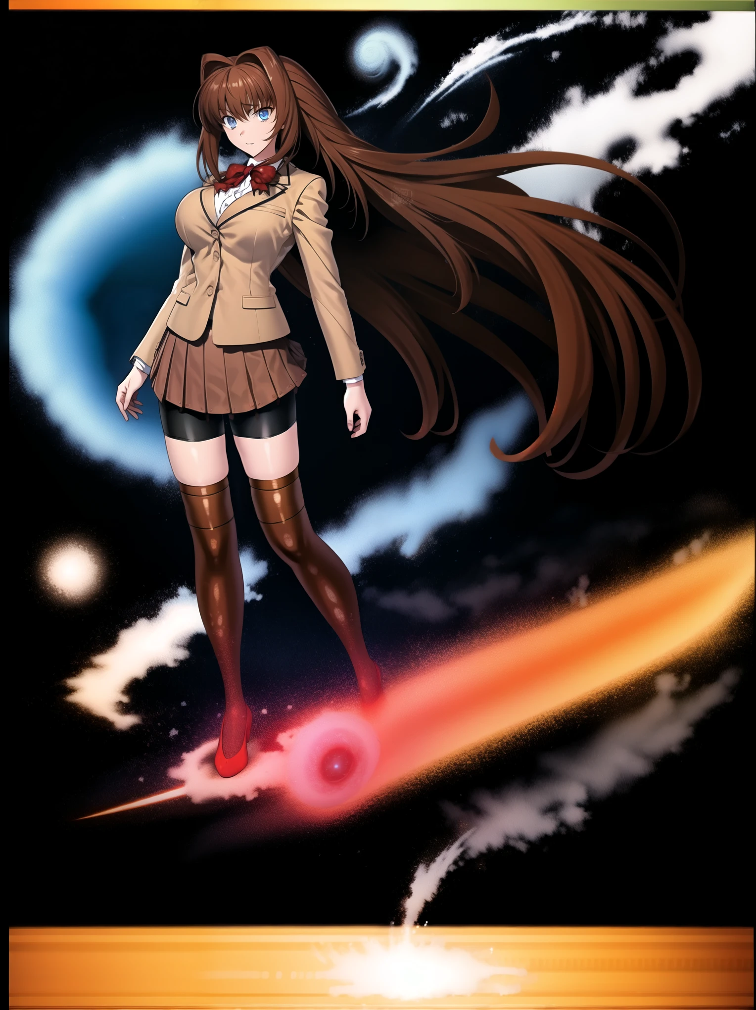 BREAK, centered. BREAK, (EMPTY BACKGROUND), BREAK, (masterpiece), best quality, high resolution, 8k, illustration, (beautiful detailed eyes:1.5), extremely detailed face, extremely detailed body, CG, perfect hands, perfect anatomy, ((1girl)), ((solo)), ((bbaoko)), ((2 legs max)), ((2 feet max:1.5)), ((swirling vortex shaped longest brown hair:1.5)), (brown longest hair with slightly reddish undertone:1.6), (lush luscious longest brown hair:1.6), (very long voluminous longest brown hair:1.5), serious, blue eyes, red bowtie, (Form-fitting beige blazer:1.5), brown jacket, (highly detailed beautiful face:1.2), (white shirt:1), (well shaped large breasts:1.6), (nice hips:1), ((Umber pleated thigh-high skirt:1.6)), (((black bike shorts:1.4))), (toned thighs:1.6), (black kneesocks:1.6), (strap shoes brown color), (facing front:1.5), ((standing straight:1.5)), ((Fullbody in frame:1.6)), ((Full body:1.5)), ((takeuchi takashi:1))