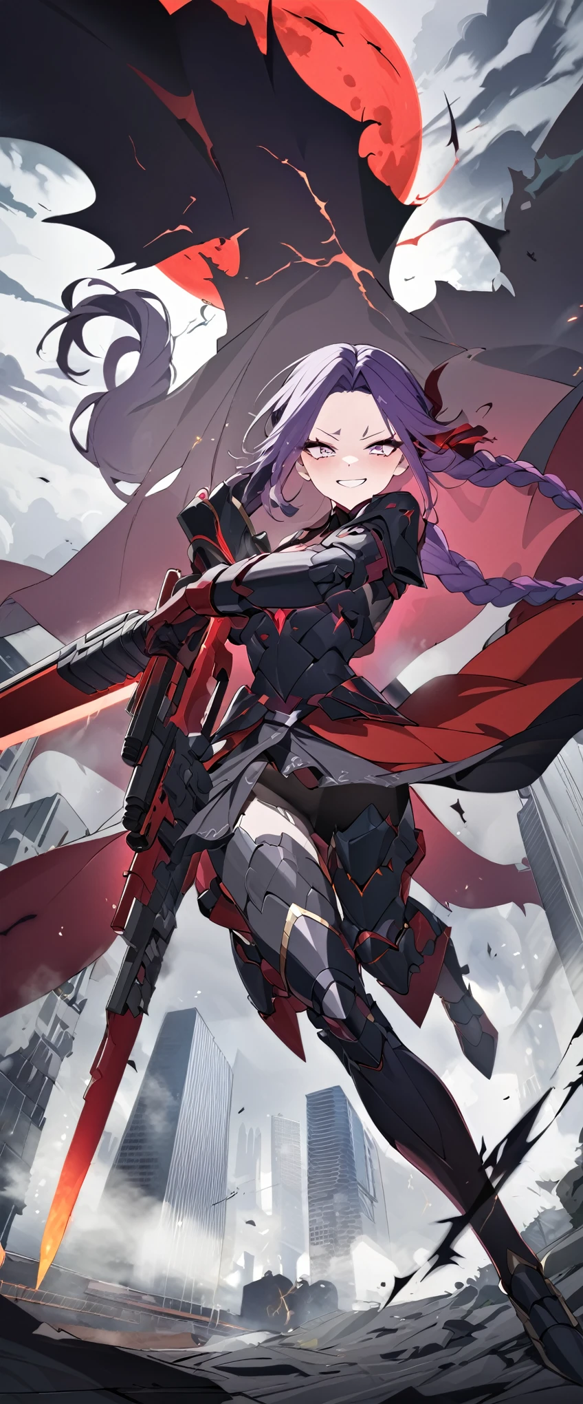 best quality, super fine, 16k, incredibly absurdres, extremely detailed, 2.5D, delicate and dynamic, ruthless, cool and beautiful female warrior, shining iridescent clairvoyance, rainbow-colored braided ponytail, forehead, captivating look, aroused expression, evil smile, teasing smile, grin, lewd smile, heavy armor, heavy beam rifle, ominous aura swirls effects, background skyscraper being split in two by a lightning strike, big red full moon, exposed steel beams, flying glass, demonic shadows, sparks, smoke, fog, eerie atmospheric colors, slow-motion effects, dark fantasy