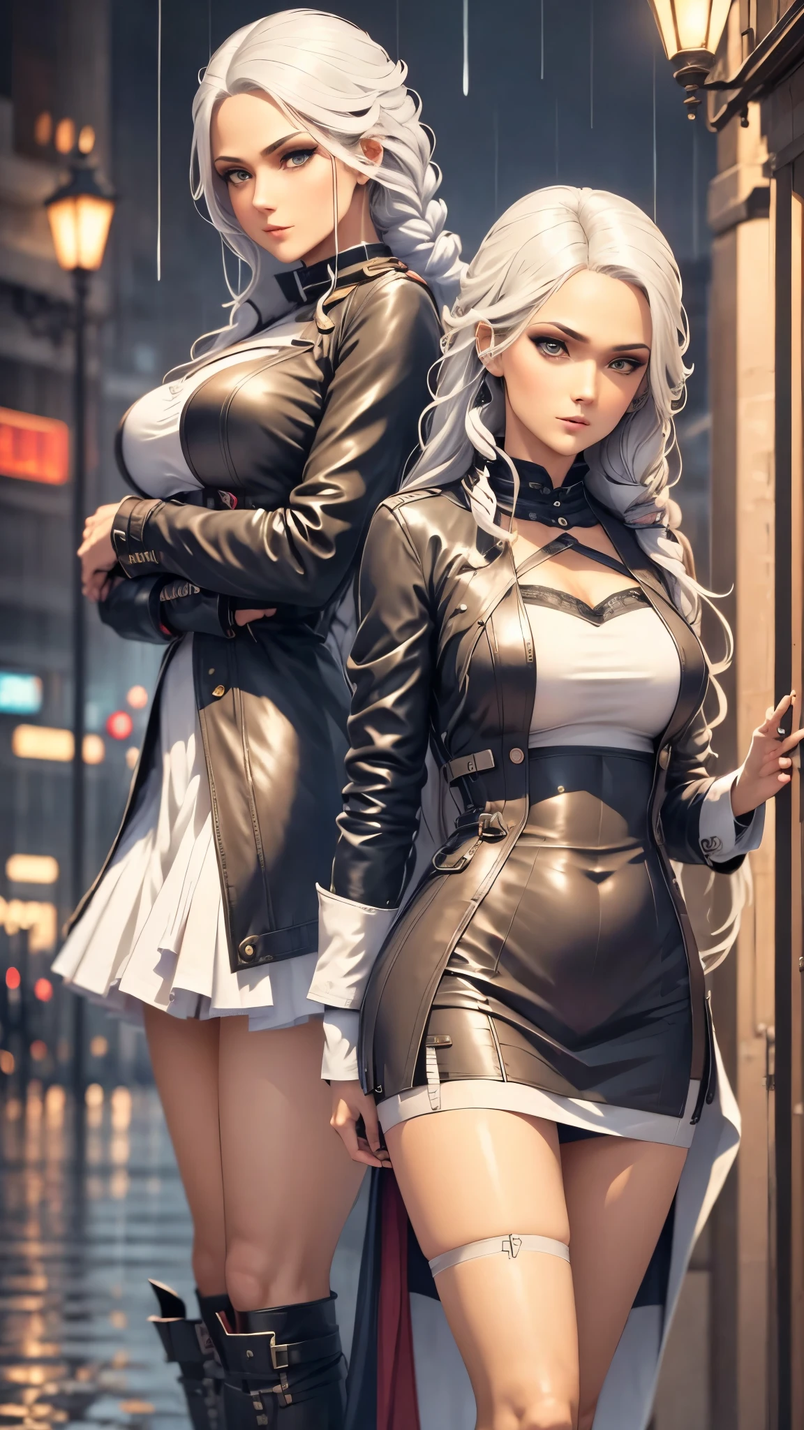 ,twins,white hair,stockings,mature female,rain,night city