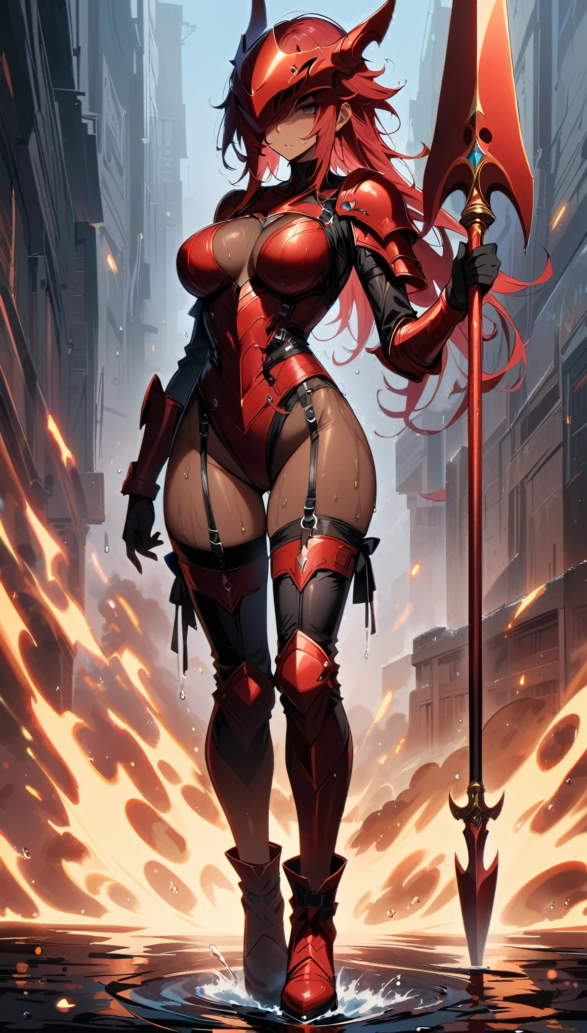 (masterpiece, best quality:1.2),solo,dark skin,sweating skin, (1 female warrior,red long hair)(hair over one eye, wet hair),wearing Red metal Armor，Red Dragon Helmet,her right hand carry a golden spear，Full body