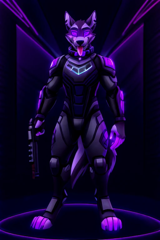 Vortex hellhound standing, tongue out, using a gray latex suit, and a black techno collar, hypnotized with glowing purple eyes without iris or pupils, tongue out, using a Pulse Rifle, Energy Rifle, Futuristic assault rifle, full body image, laboratory background