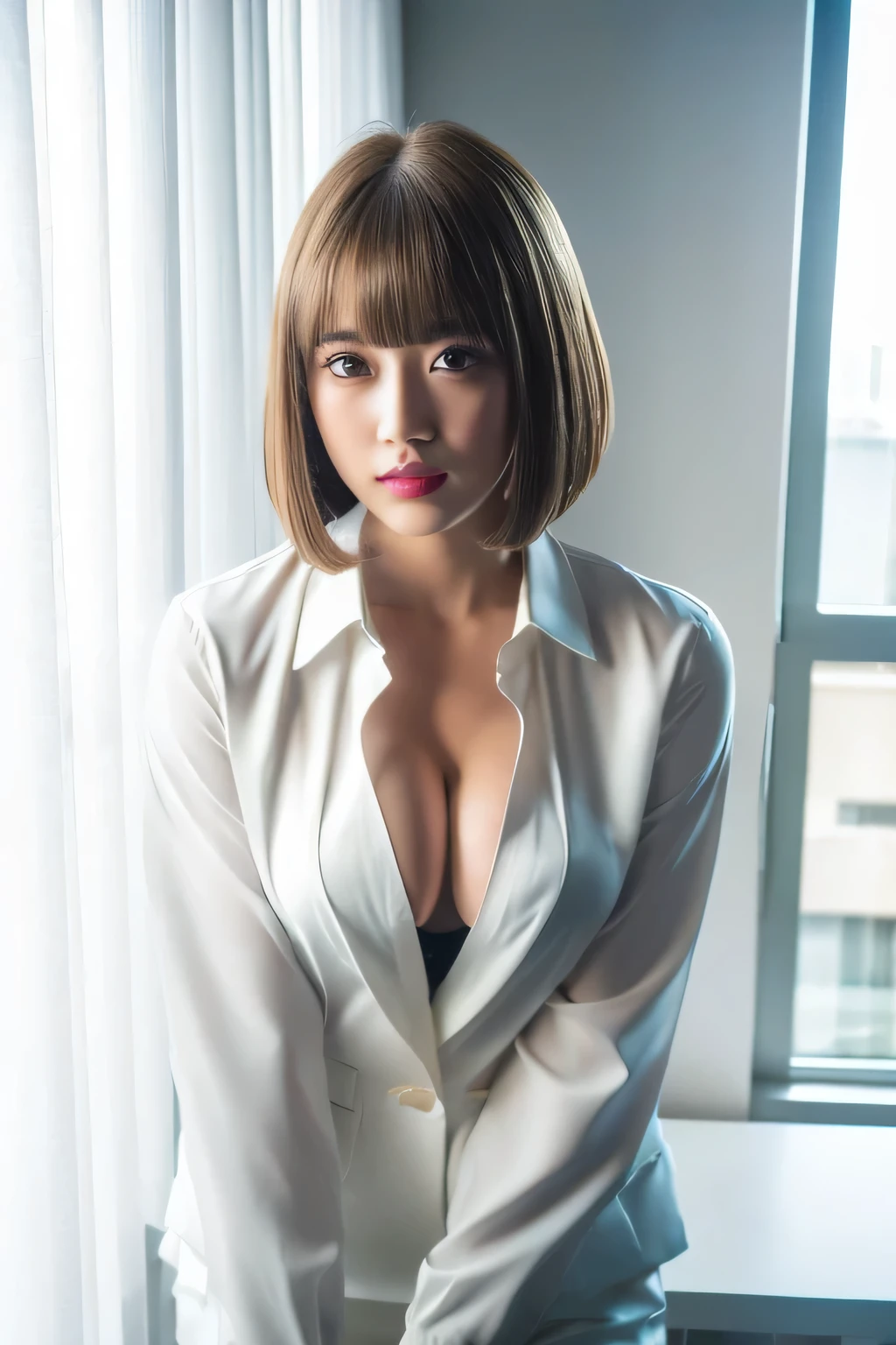 One girl, Highly detailed skin, look, Brown eyes, Big eyes, (Bob cut with bangs: 1.2), (Realistic: 1.4), (highest quality: 2.0), (Ultra-high resolution: 1.0), 8k, (masterpiece: 1.5), (Purelos Face_v1:1.5),No bra,No bra,Front wide open,White collar shirt,office suit, pantsuit, pants, naked, a working woman, Exposed cleavage, Big Breasts, Dynamic Lighting, Glowing skin, Pink glowing lipstick, White beautiful skin, (sexual excitement: 1.1),window,office