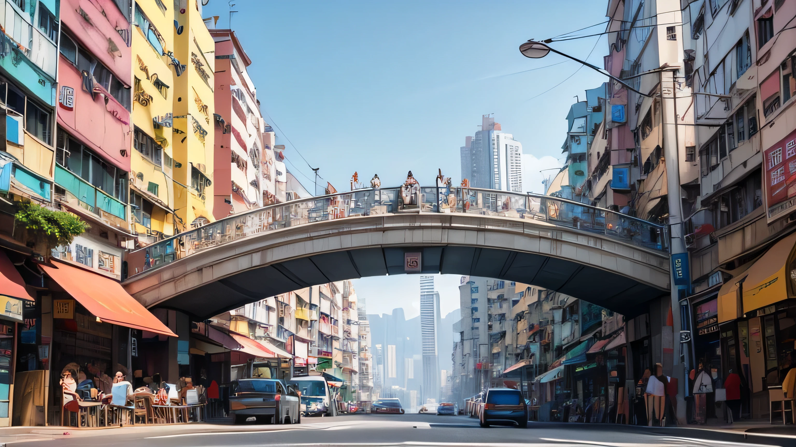 Inner City background hong kong, worms eye view. foreground is a bridge. A lot of merchants on the street, lots of vending machines. no people, symetric