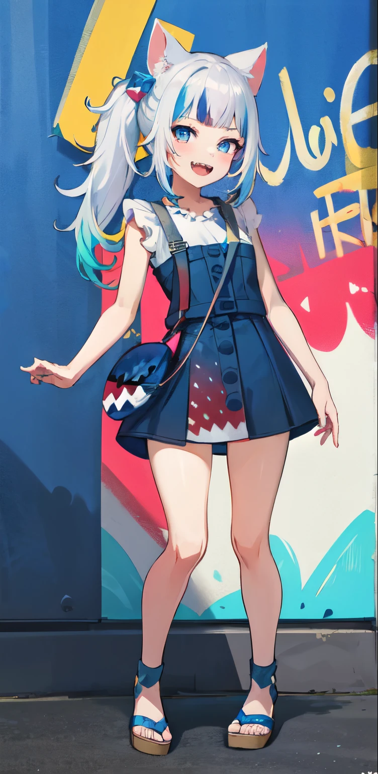 masterpiece, high quality, houshouBikini, highres, absurdres, ultra-detailed, detailed eyes, 8k, ti-emb_kobo-kanaeru, 1girl, colorful eyes, fangs, open mouth, bangs, colorful background, looking at viewer, vibrant, contrast, gradient hair, happy, graffiti wall background, water splash, close up, small breast, 2d, masterpiece, best quality, anime, highly detailed, full body, 1girl, solo, gura_neko, blue dress, cat ears, side ponytail, cube hair ornament, sandals, :d, sharp teeth, shark tail, shoulder bag, shore town