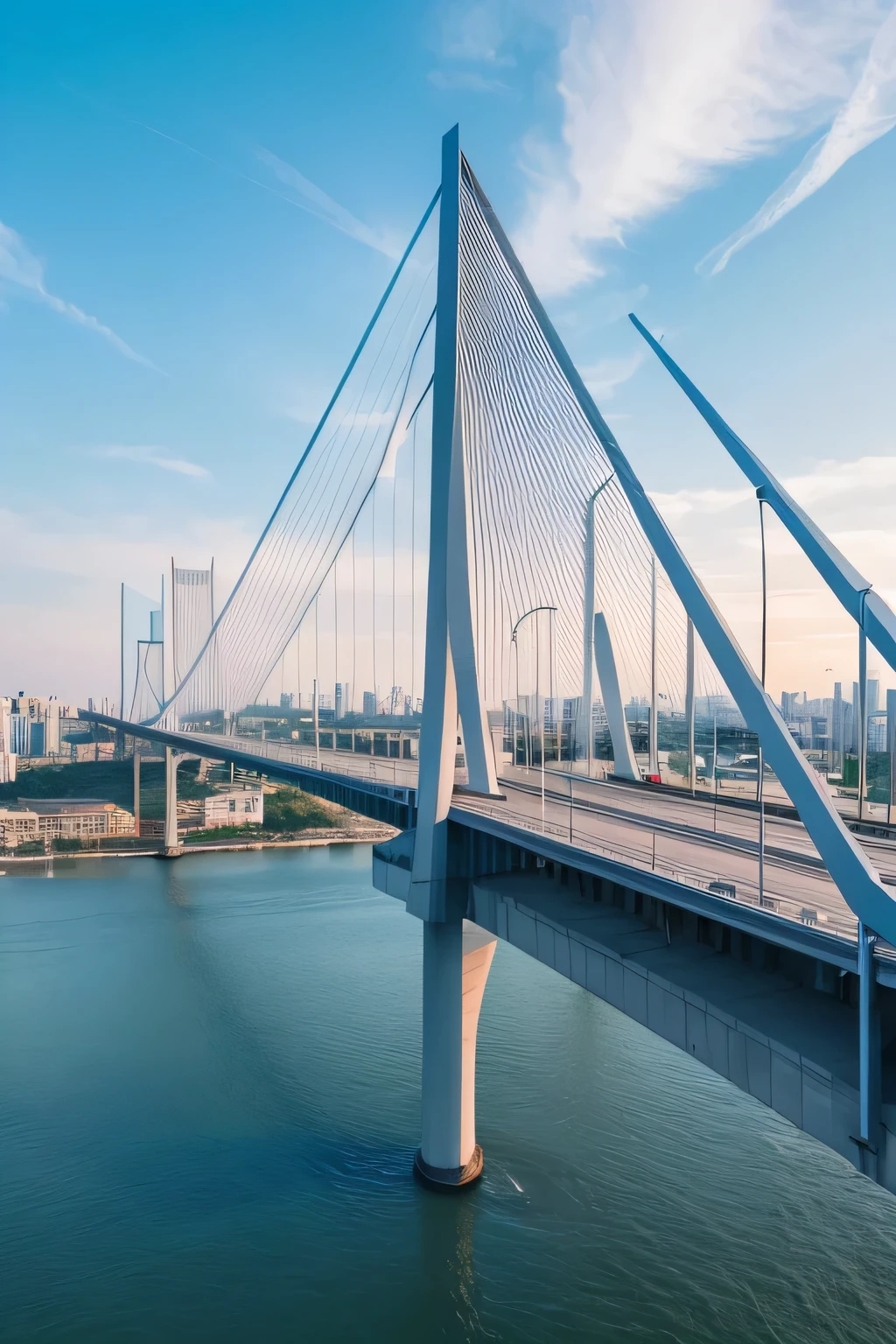 You can ask the AI:
"Can you generate an image,Cable-stayed bridge as the main body,Are there any edge city views around??I want a cover image,It is obvious that it is about the bridge.。"
