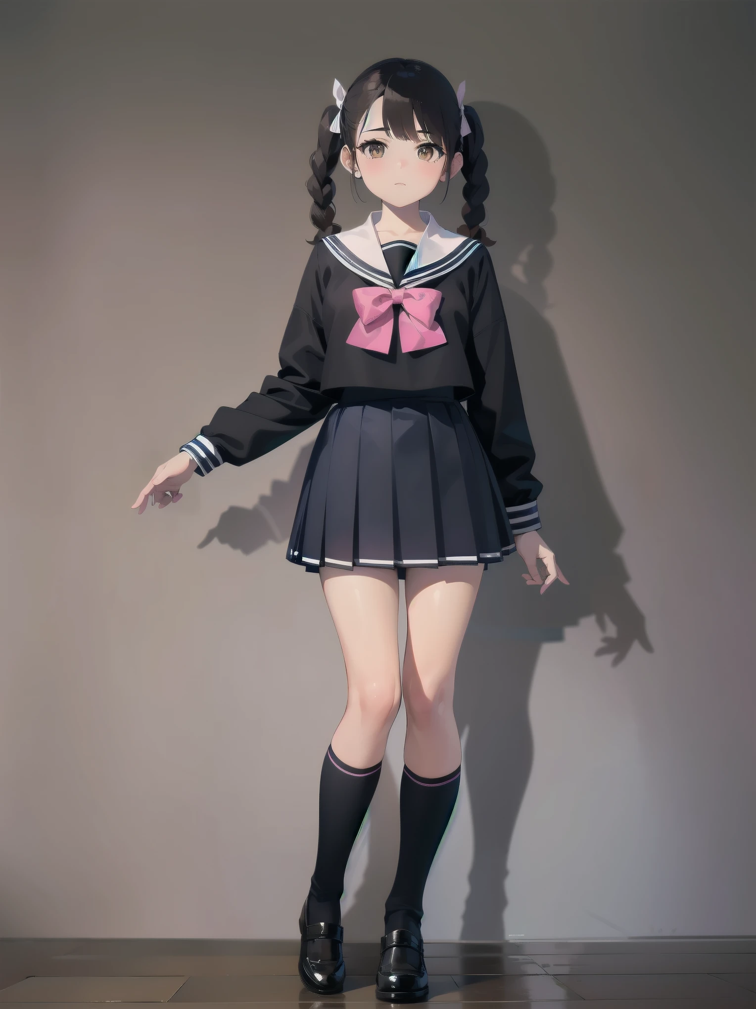1girl, solo, looking at viewer, skirt, brown hair, shirt, long sleeves, bow, twintails, brown eyes, , full body, shoes, socks, sailor collar, black footwear, twin braids, cosplay, blue bow, white socks, pink skirt, photo background, pink sailor collar