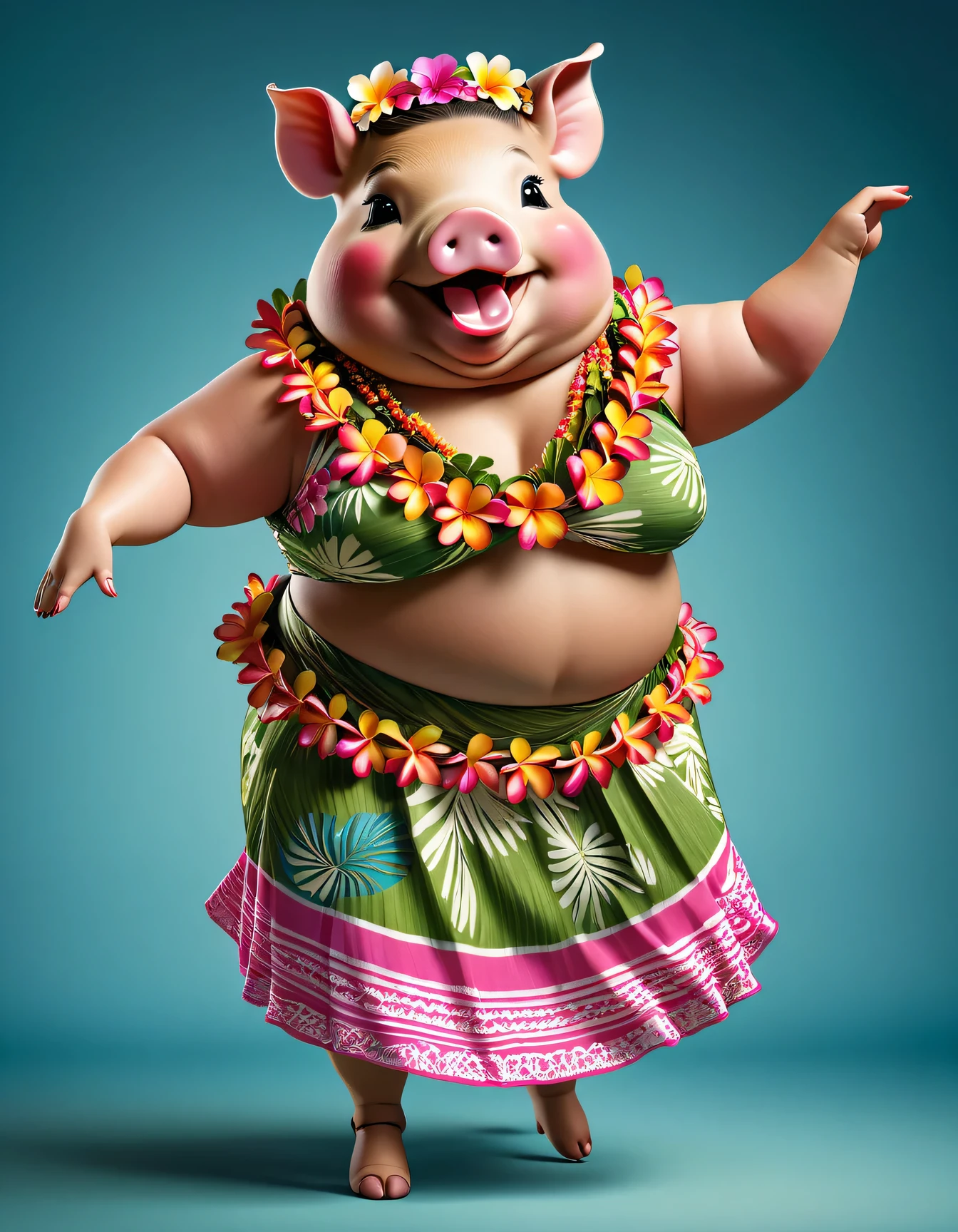 photorealistic portrait of Dressed animals - a ((fat)) pig hula dancer,(hula dancing:2.0), (swinging arms :2.0),(happy smile:1.2),high quality,(happy),(lovely) ,intricate details, (), highly detailed ((female hula dancer's costume)) ,highly detailed decorations, wearing ((aloha shirt)) and flower lei , (happy), studio lighting,(full body image:1.5),simple background,(viewed from side:2.0),