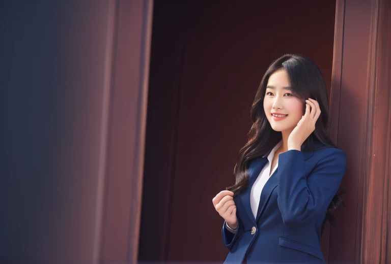Wearing navy blue jacket, white blouse